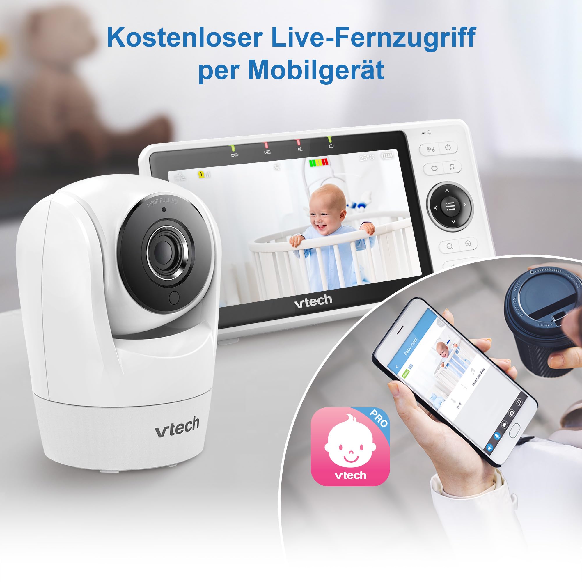 VTech Babyphone Camera 5 inch Baby Camera 1080p, 120° Wide Angle View, Night Vision, Remote Pan-Tilt Zoom, Two-Way Talk, Works with iOS and Android, WiFi, VM901-1W
