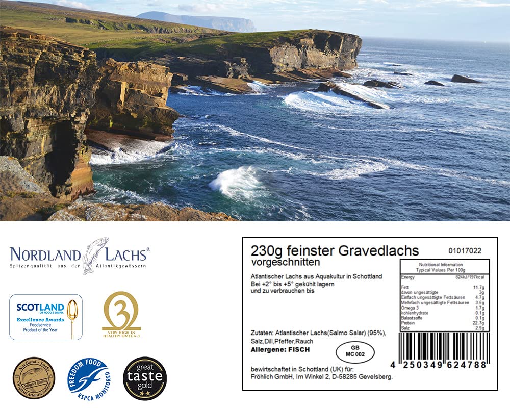 Nordland-Lachs 230g Gravedlachs | Ultrapremium Qualität in feinsten Scheiben | geräucherter Lachs mit Kräuterkruste aus Schottland | Top Kühlversand