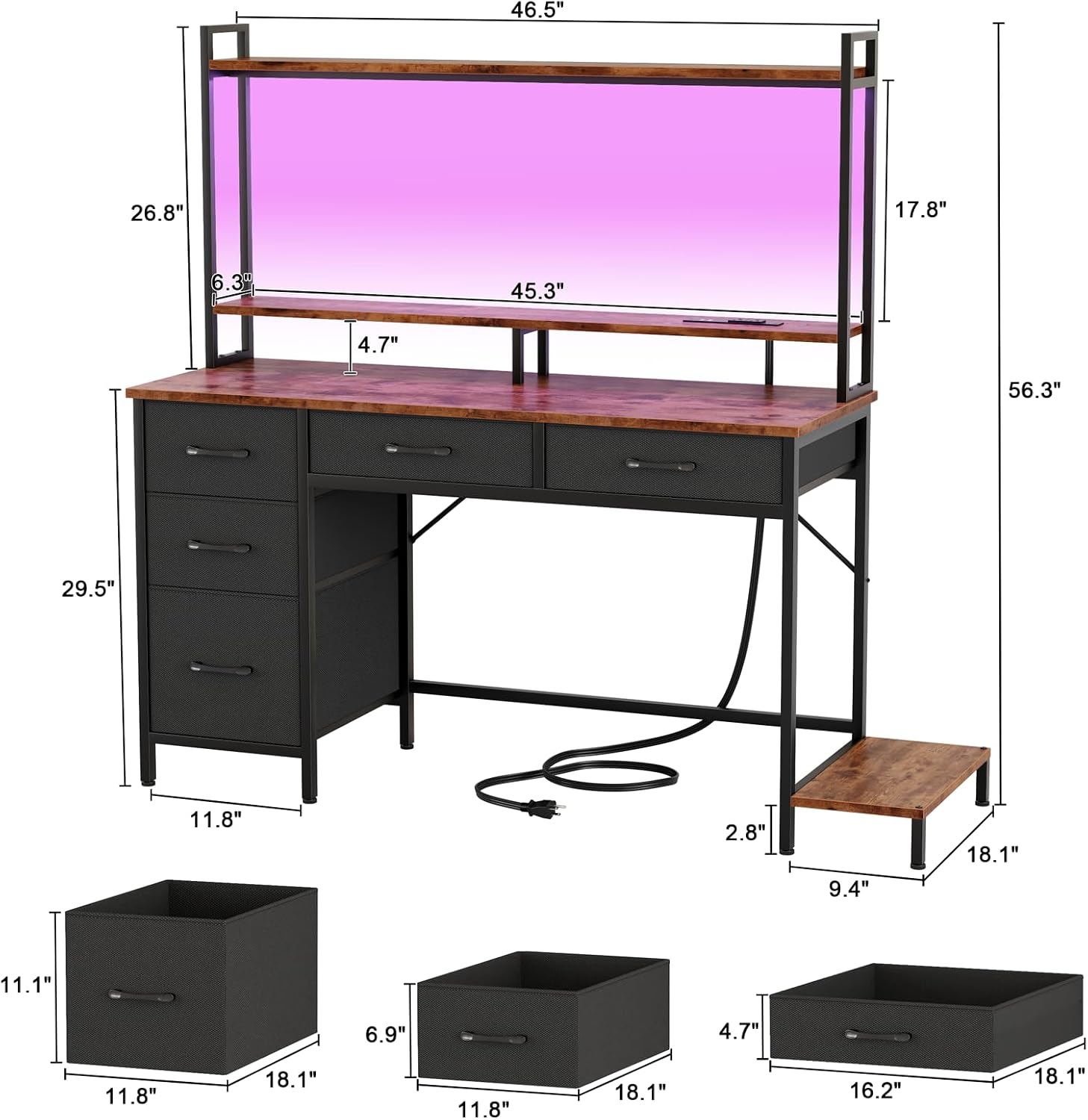 Size 47 Color black Computer Gaming Desk with Hutch, Home Office Desk with Power Outlets, LED Light, 5 Storage Drawers, 2 Tiers Shelves for Display, 47 Inch Modern Study Writing Table for Bedroom