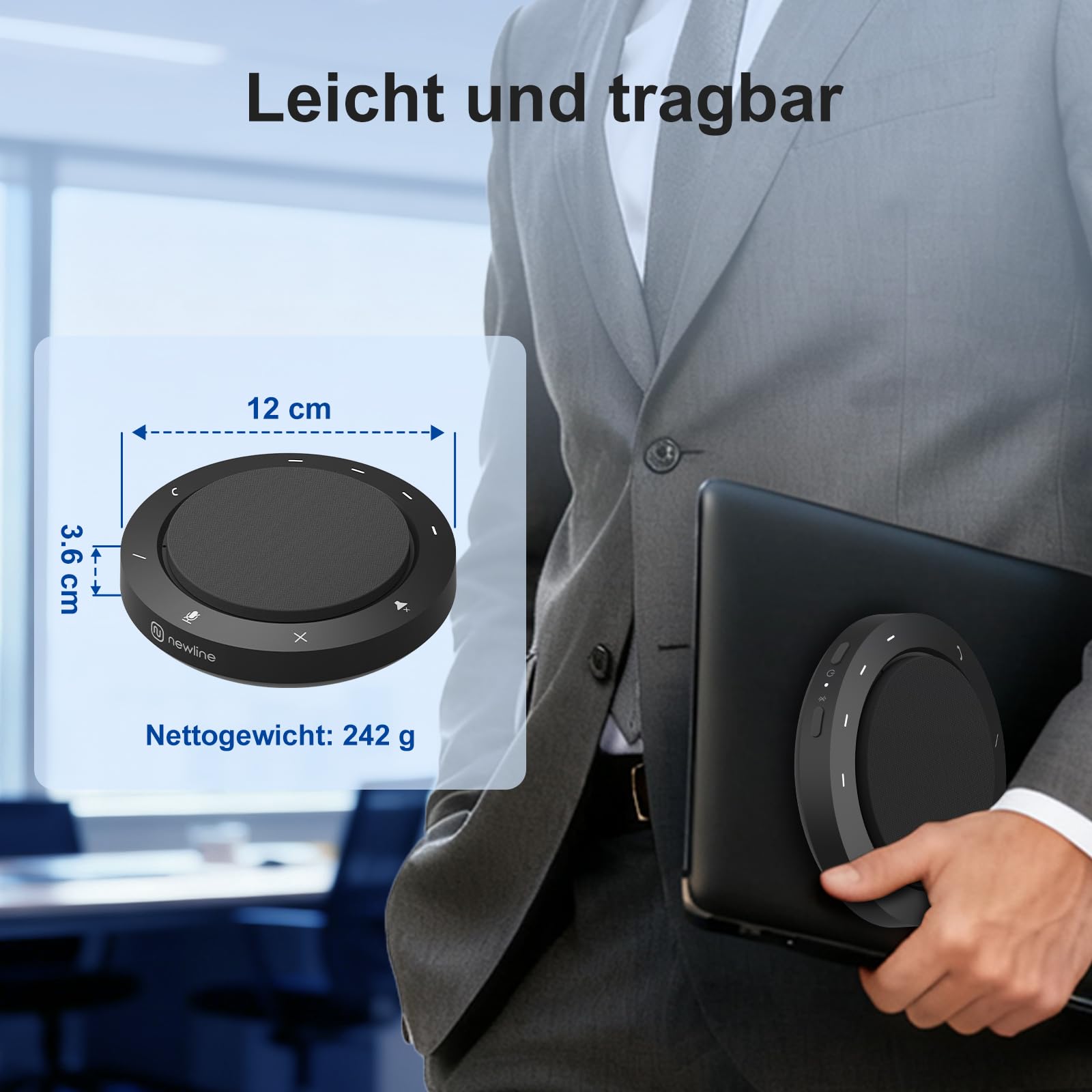 Konferenzlautsprecher mit 2 geräuschunterdrückend Mikrofon, 360°-Spracherfassung, klarer Klang, 10–14 Std Gesprächszeit, Bluetooth & USB-C/A, Konferenzmikrofon für Homeoffice & kleine Teams