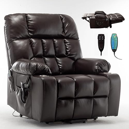 Oversized Power Recliner Chair for Big and Tall 400 LBS, 25.5" Extra Wide Electric Lift Chair with Heat and Massage, Dual Motor 180° Lay Flat Recliner Living Room Sofa, PU Leather Big Recliner