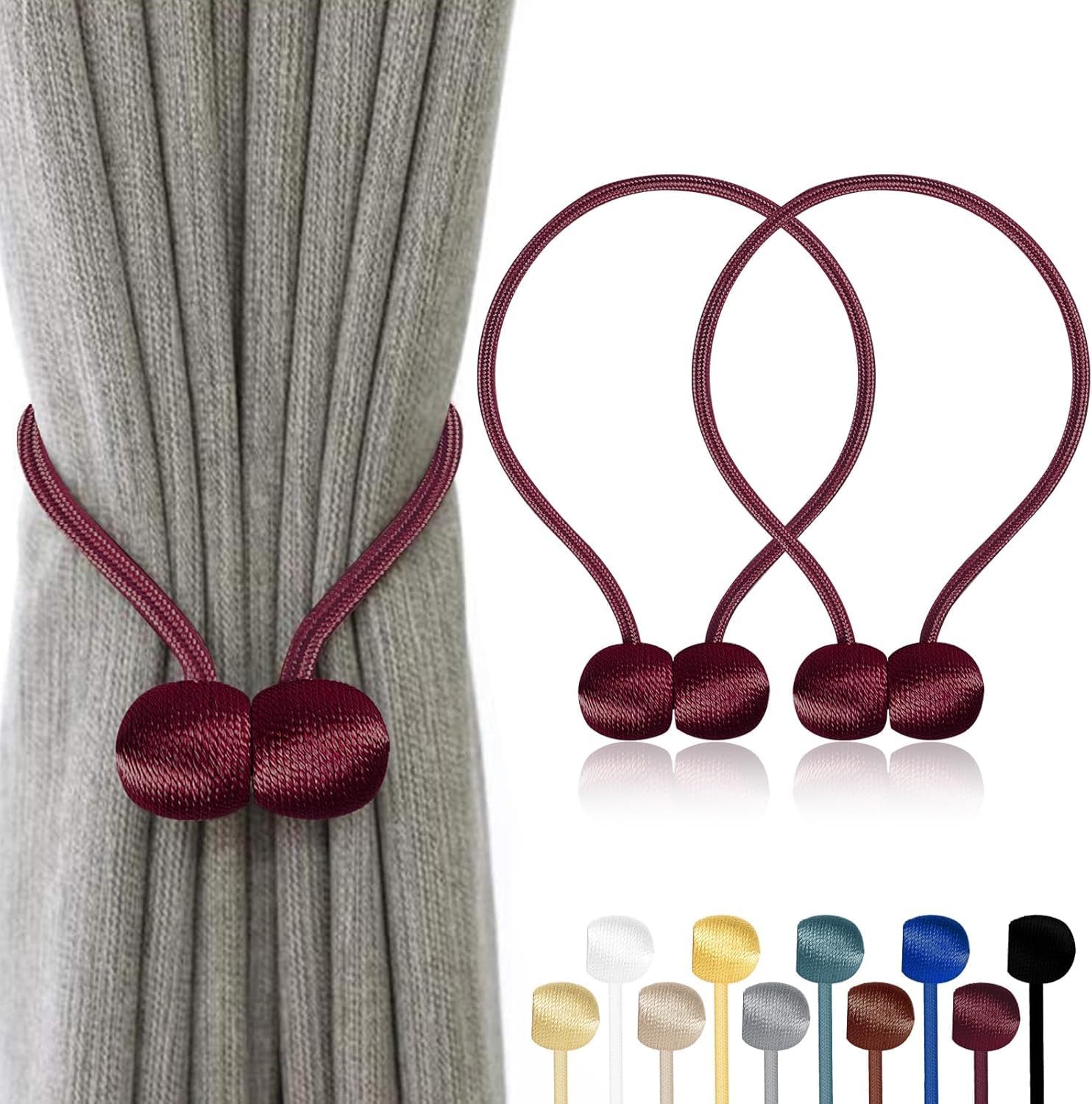 TopHomer Magnetic Curtain Tie Backs 2 Pack - 10 Colour Options | No-Drill Installation for All Room Types (Deep Red)