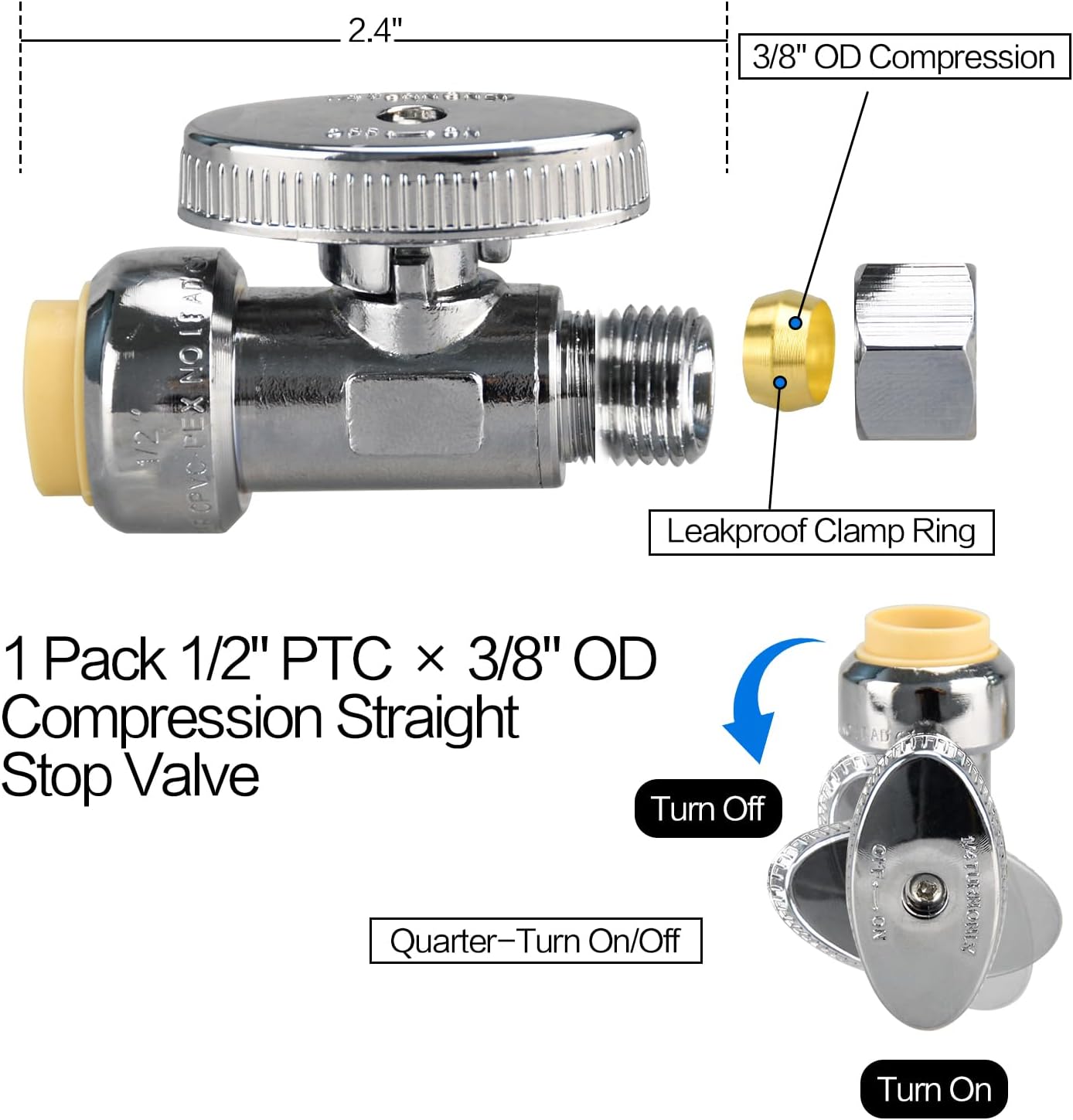 2pcs Stop Valves, 1/2" × 3/8" Straight Stop Valve, 1/2" PTC Input, 3/8" OD Compression Output, Push to Connect, 1/4 Turn, Chrome Plated Brass for Faucet, No Lead