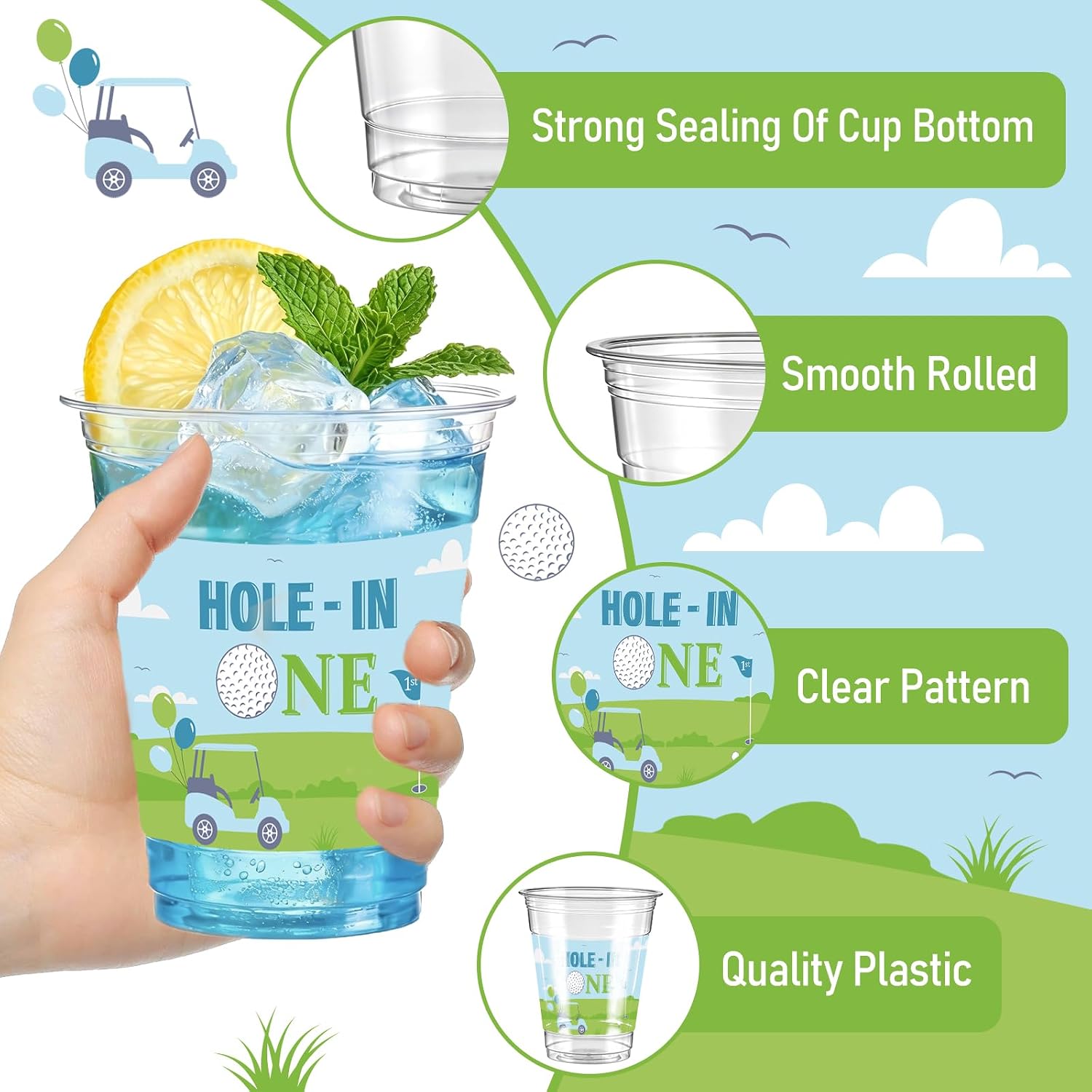 50 PCS Hole in One Golf Birthday Plastic Cups,12 OZ Clear Disposable Cold Hot Drinking Cups Beverage Water Container Golf Themed First Birthday Party Supplies