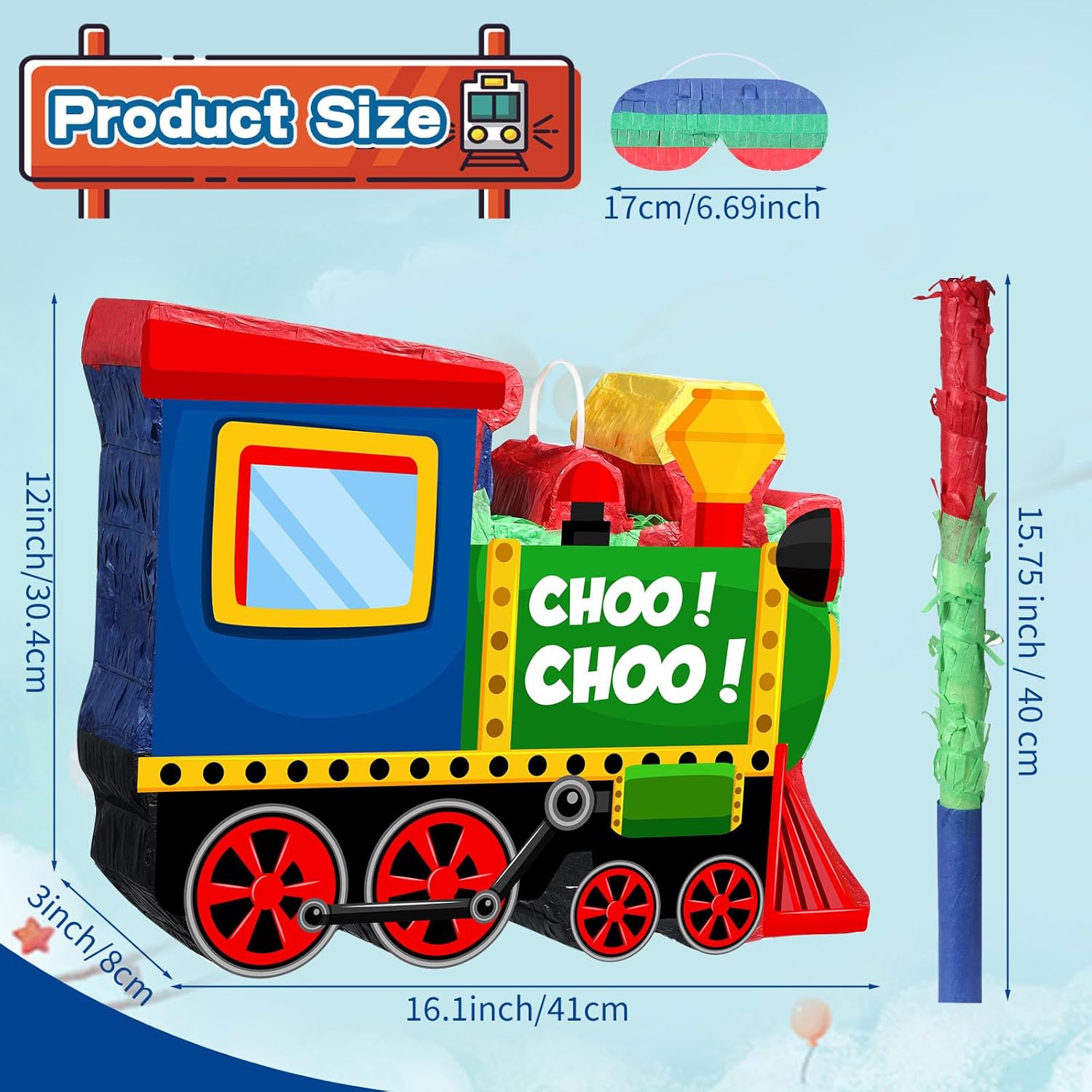 Shappy Train Piñata with Blindfold Stick- 3D Train Piñata Birthday Party Decorations for Railroad Theme Birthday Favors Supplies, 16.1 x 12 x 3 Inch