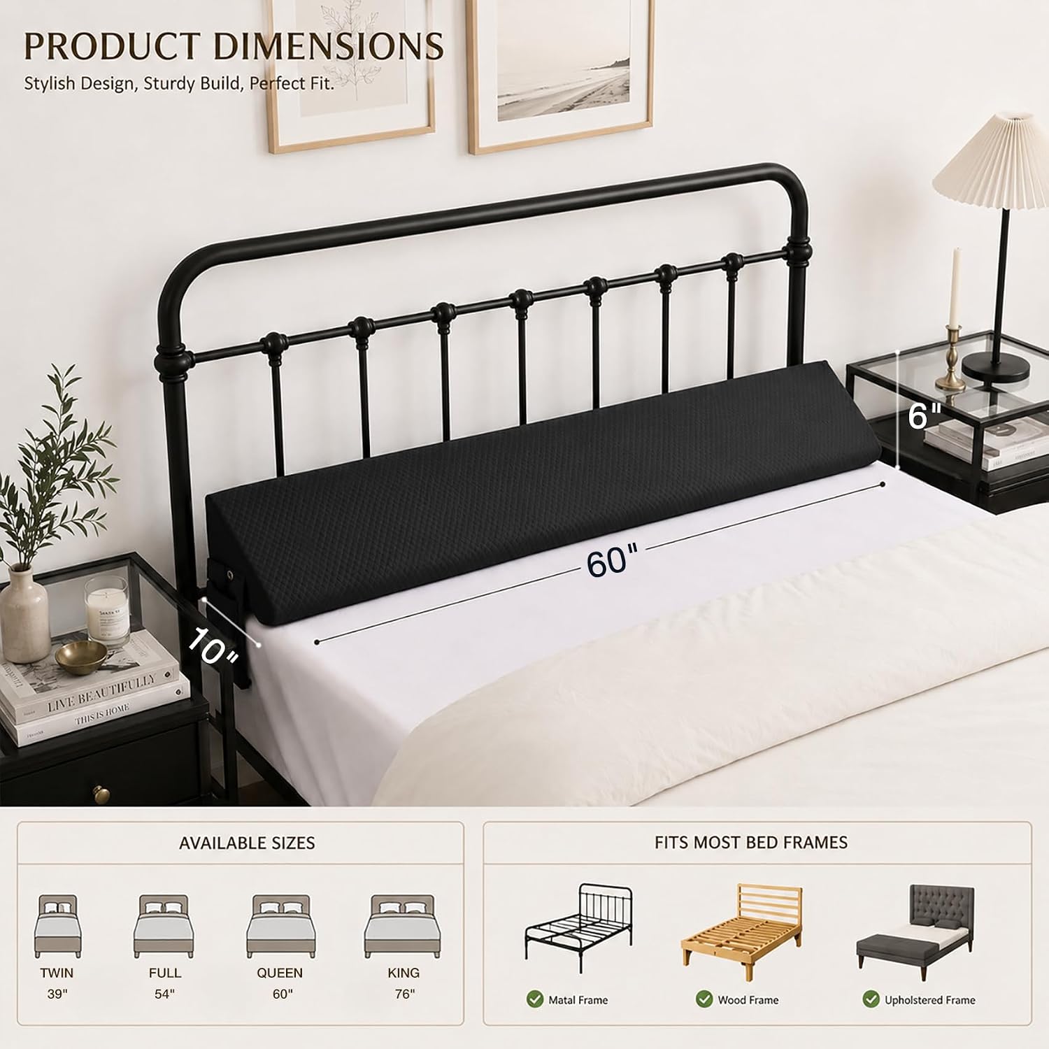 Queen Size Bed Wedge Pillow for Bed Gap Filler/Headboard Gap Black Long Triangle Edge Corner Pillows with Pockets,Dense Foam,Prevents Queen Pillow/Small Stuff Drops House Home Decor Beds Accessories