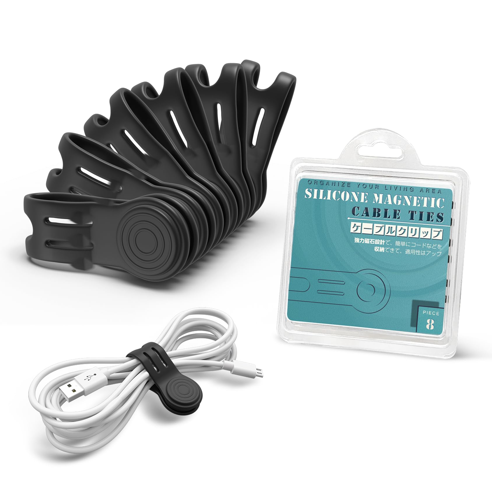 Kcmell Black Magnetic Cable Ties 8 Pieces, Reusable Cable Ties Cable Organisers Magnetic Cable Clips Silicone Cord Organiser Cable Straps For Organizing And Bundling Wires, Earphone, Charger