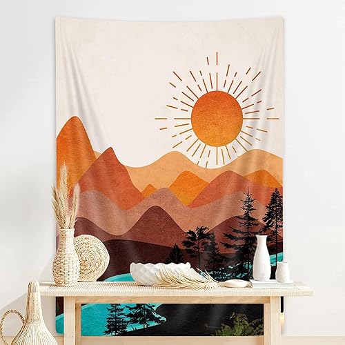 Miniatura 4 de DYNH Tapiz Vertical Bohemio de Montaña, Tapices de Naturaleza Bosque Árbol Lago Sol, Tapiz Bohemio Minimalista de Mediados de Siglo del Desierto