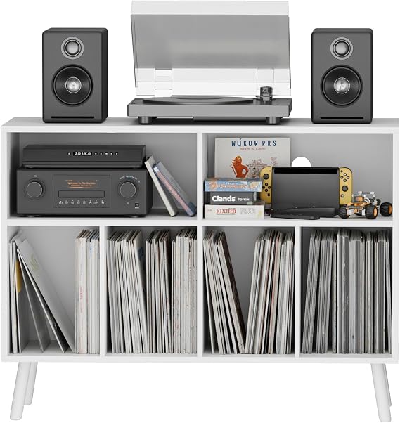Record Player Stand with Vinyl Storage Cabinet, Wood Turntable Table Open Shelf Holder Up to 350 Albums Cube Storage Organizer for Living Room, Office, White