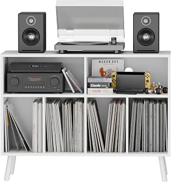Record Player Stand with Vinyl Storage Cabinet, Wood Turntable Table Open Shelf Holder Up to 350 Albums Cube Storage Organizer for Living Room, Office, White