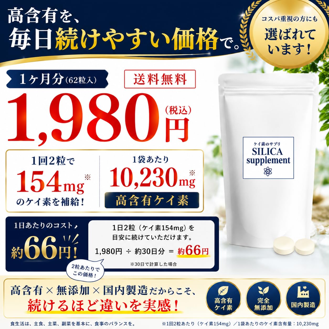 Amazon.co.jp: ケイ素のサプリ 1袋(62粒入) 1袋中シリカ550,000ppm
