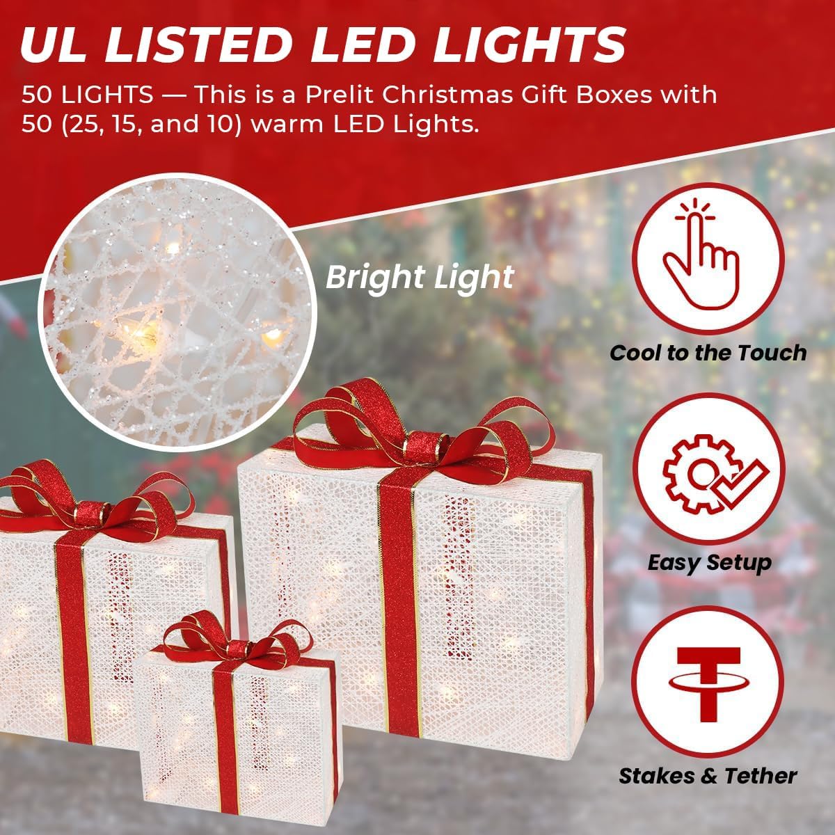 Set of 3 Large Lighted Gift Boxes Christmas Decoration - Pre-Lit Present with Ribbons and Bows - Light up Gift Box for Indoor Outdoor Yard Home Decor - 13 in Tall (Large)