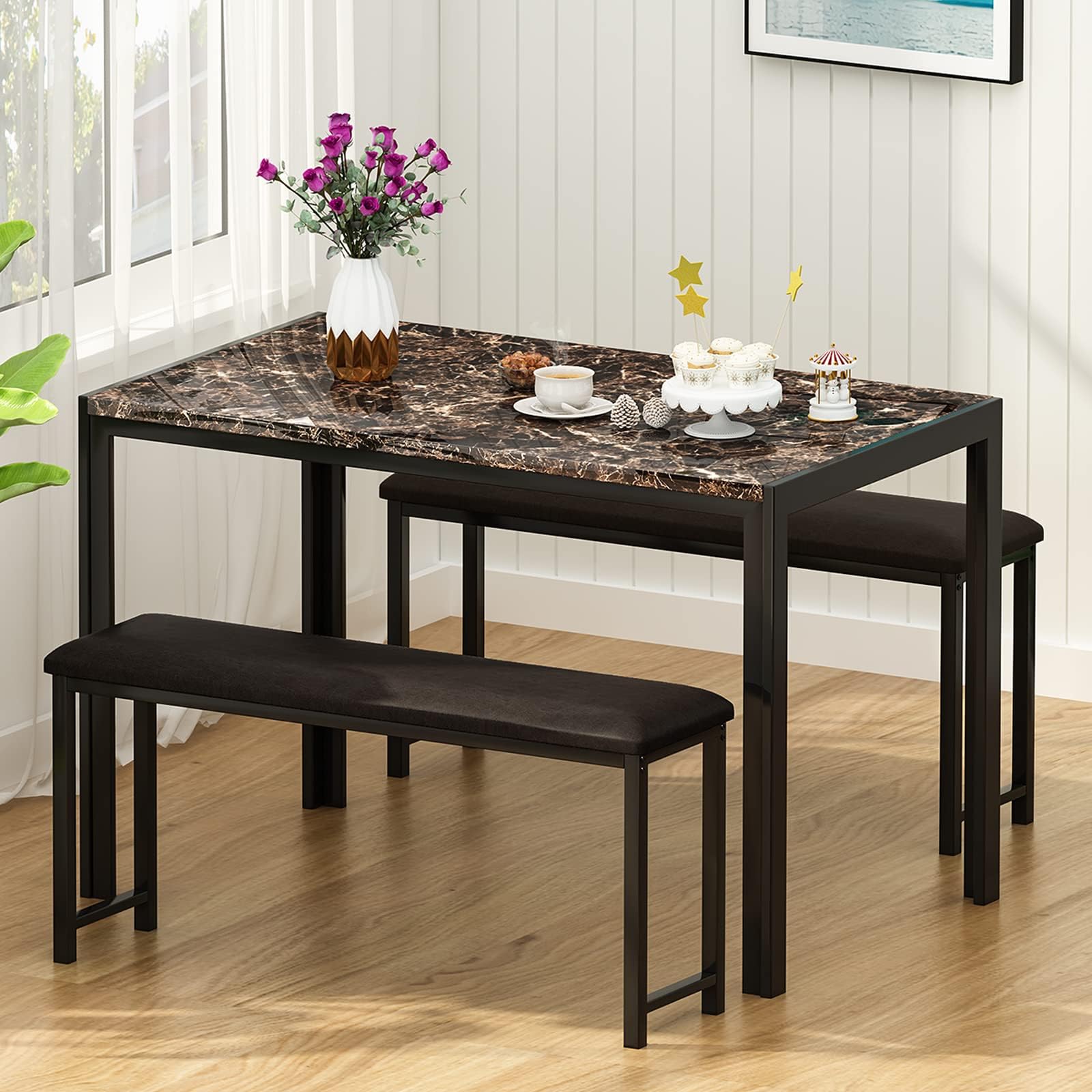 Dining Room Table Set with 2 Benches, Dining Table Set for 4-6, Dinner Table Set for 4, Faux Marble Breakfast Table Set & PU Leather Upholstered Benches for Small Spaces, Apartment, Brown