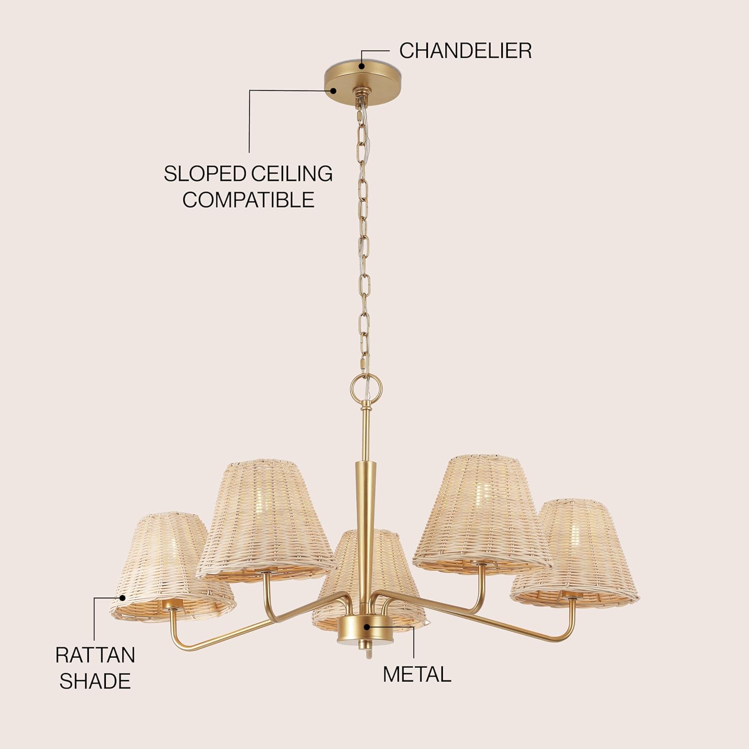 JONATHAN Y 30" Gold and Light Brown 5-Light Iron and Woven Rattan Chandelier, Modern Coastal Empire Lantern for Dining Room Kitchen Island, ETL Listed, LED Bulbs Included JYL1611A
