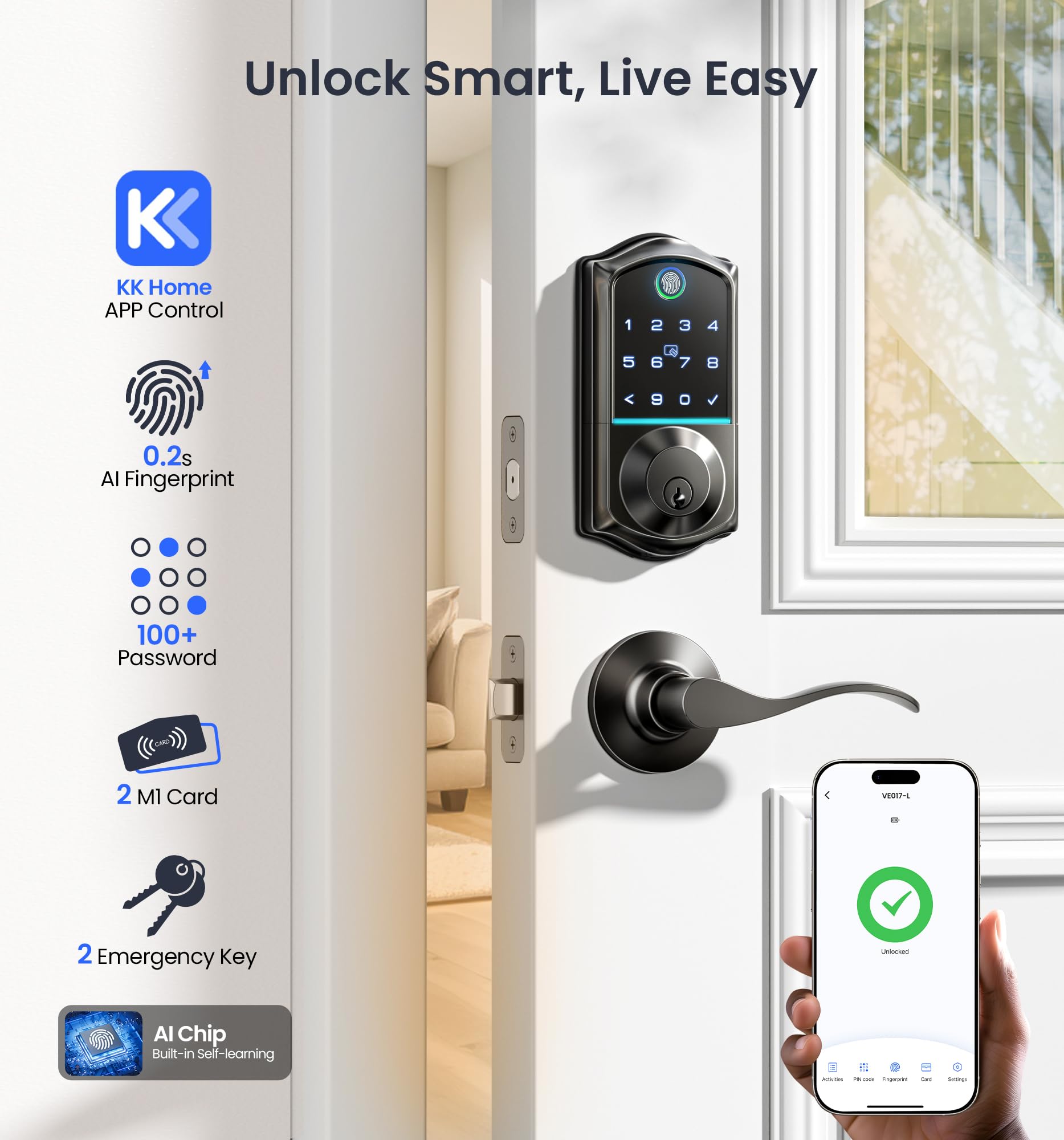 Veise VE017-L Fingerprint Smart Lock with 2 Lever Handles, Keyless Entry Front Door Lock Set, App Control, Electronic Digital Keypad Deadbolt, Easy Installation, Emergency Power Port, Matte Black