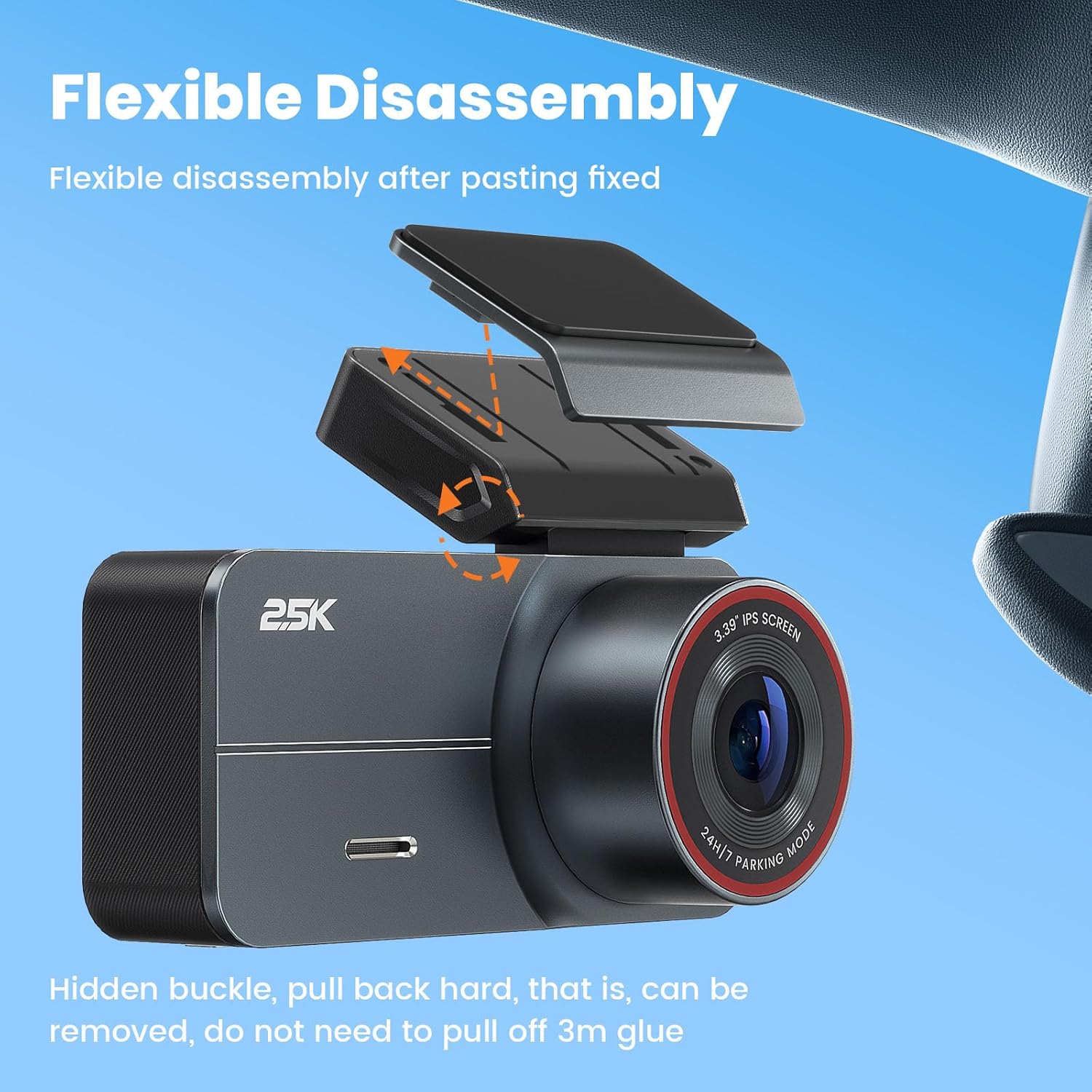 Side view of the Yonvim Dash Cam showing the flexible disassembly mechanism for easy removal from the mount.