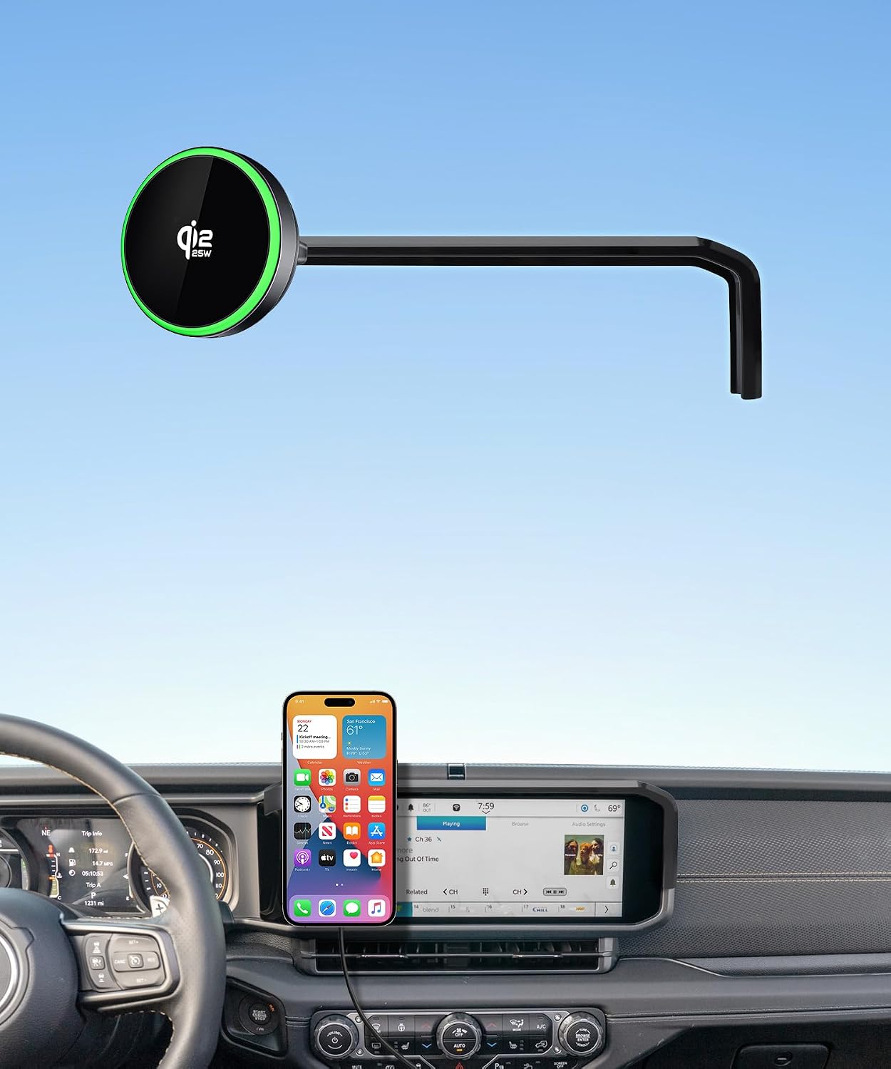 Qi2.2 Max 25W Fast Wireless Car Charger Phone Holder for 2024 2025 2026 Jeep Wrangler/Wrangler 4xe / Gladiator 12.3-Inch Screen, Magnetic Phone Mount Compatible with MagSafe