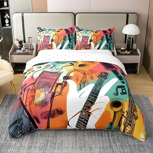 Miniatura 26 de jejeloiu Funda de edredón con estampado de radio Boombox, 100% algodón, para niños y niñas, tamaño matrimonial, juego de ropa de cama retro con Azul