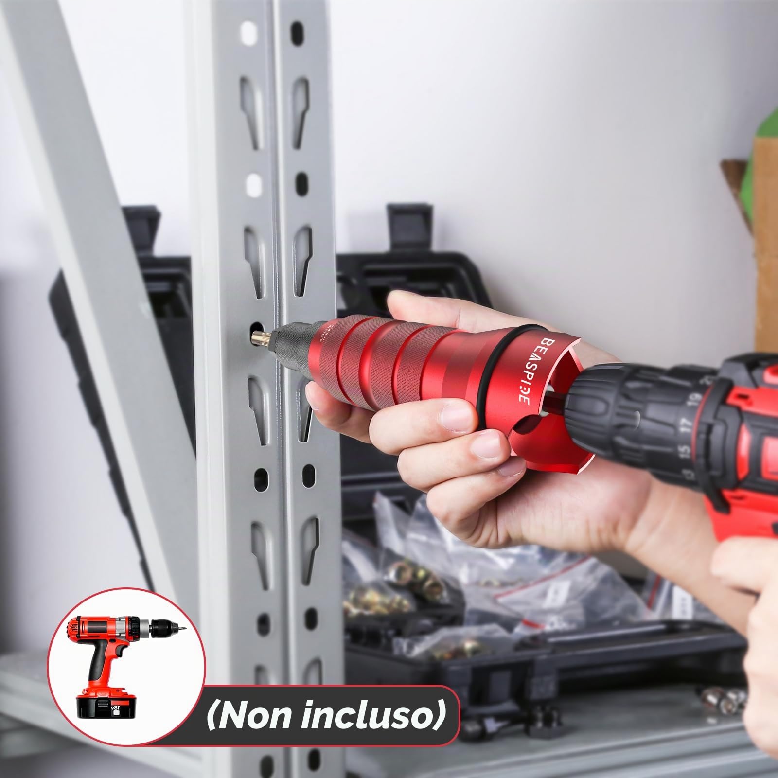 Beaspire Rivettatrice per Trapano e Avvitatore a Batteria – Kit Rivetto Dado con 10 Mandrini e 50 Dadi Rivetti (M3-M10), Adattatore Professionale