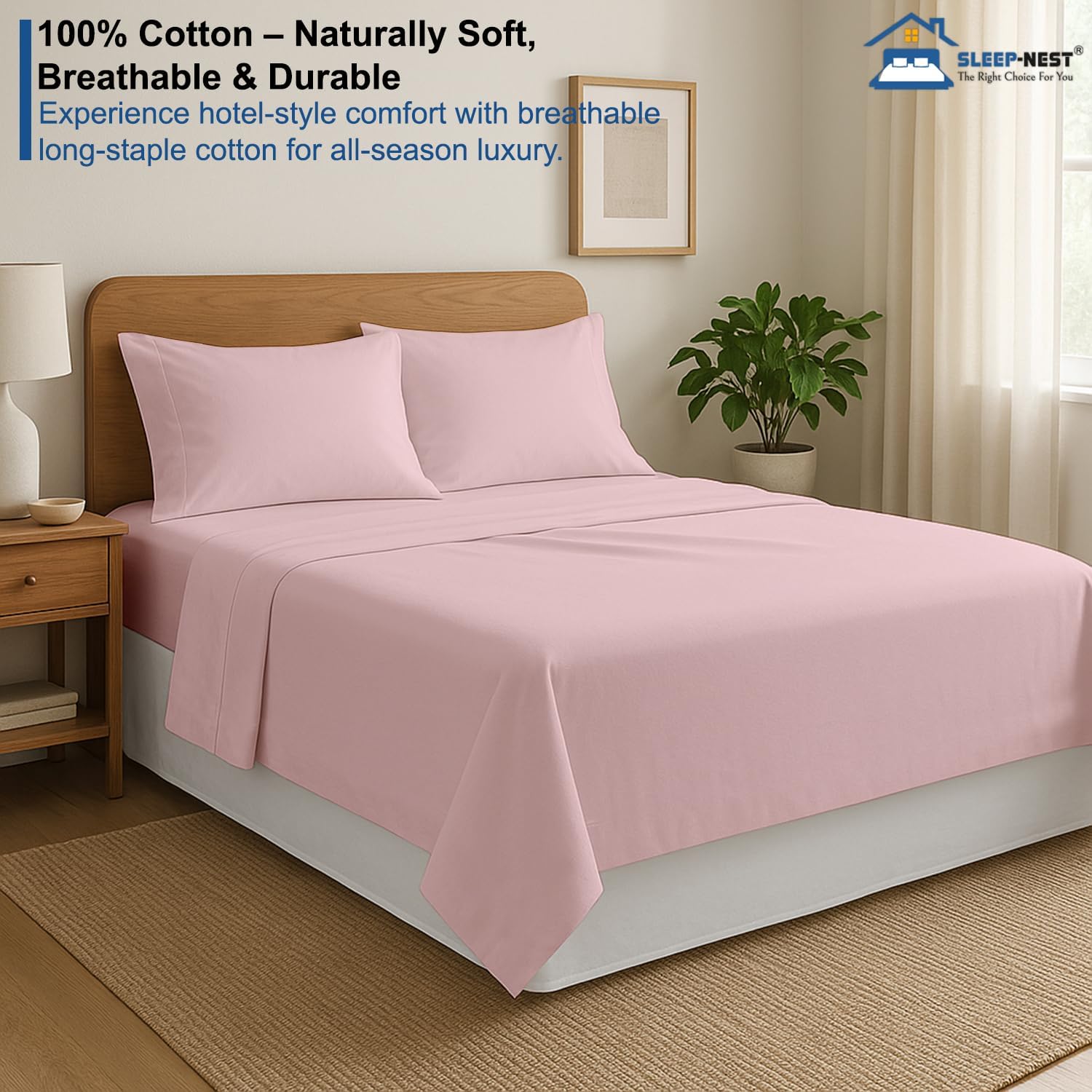 SLEEP-NEST 4 Piece Sheet Set California Queen - 600 TC Premium Breathable 100% Cotton - Elastic All Around - Fits Mattress Upto 16 Inch, Deep Pocket, Extra Soft, Fit Easy, Baby Pink