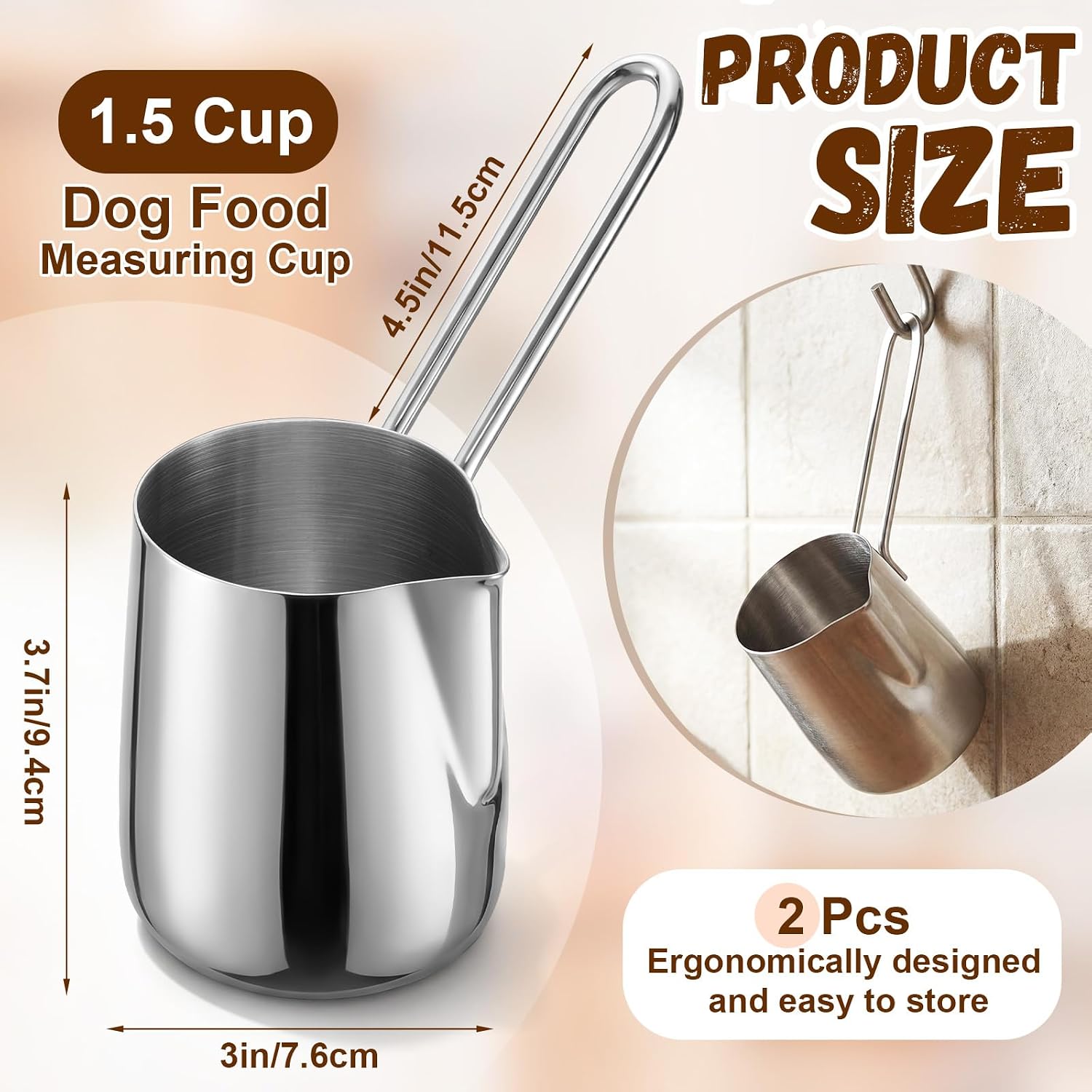 Zonon 2 Pieces 1.5 Cup Dog Food Metal Scoop 12 oz / 1.5 Cup Stainless Steel Measuring Cups with Wire Design Handle Durable Dog Cat Food Metal Scoop for Kibble or Seed Easy-clean, Rust-resistant