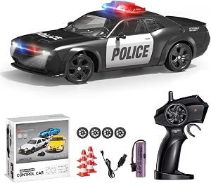 RC Drift Car, 1:24 Scale Police Car Toy, 4WD RC Car Toy with Lights, Birthday Gift Ideas for Teens (1 Battery)