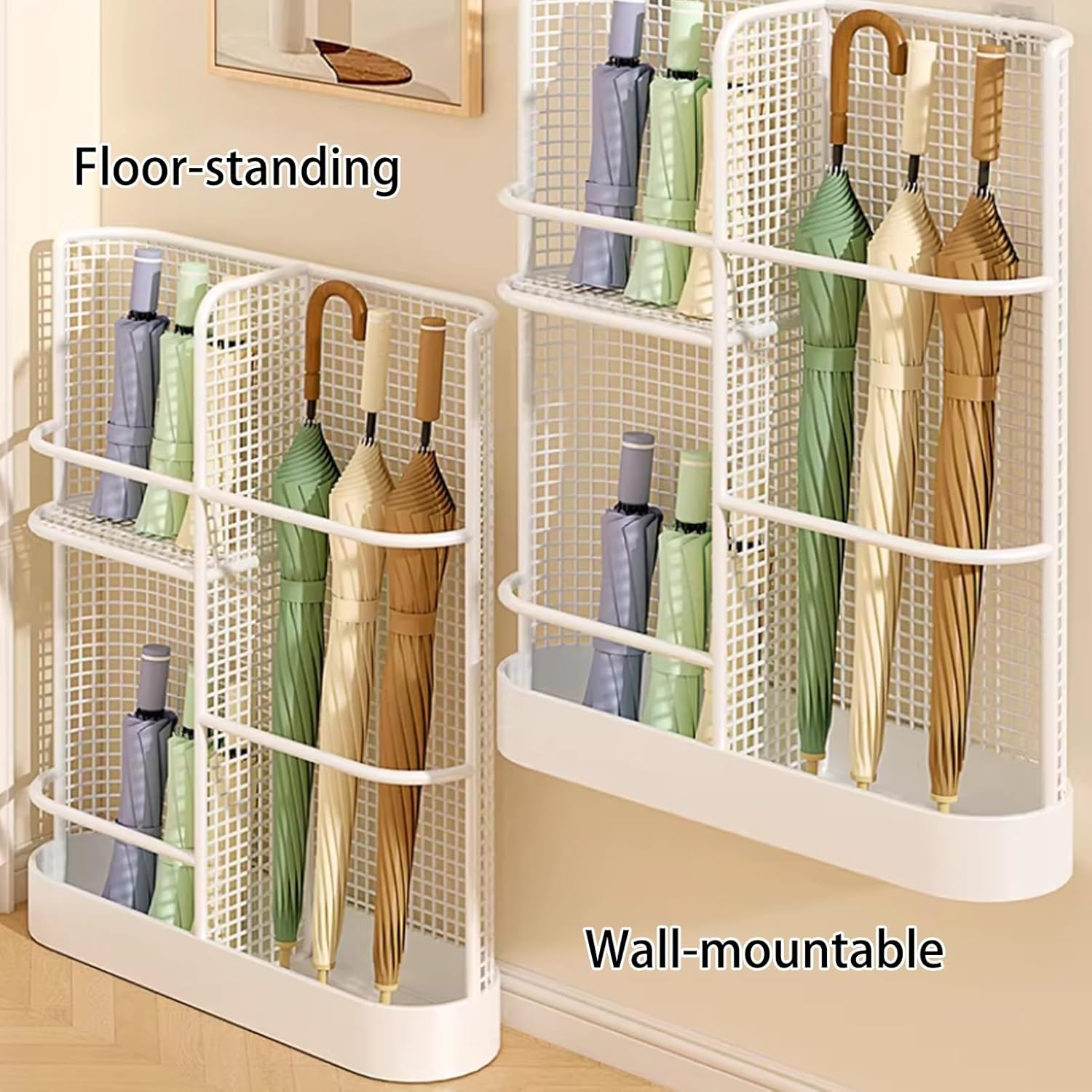 Indoor Metal Umbrella Stand, Hollowed-out Umbrella Rack with Drain Sink, Suspended and Floor-mounted Dual-purpose, for Home Entrance Office(White)