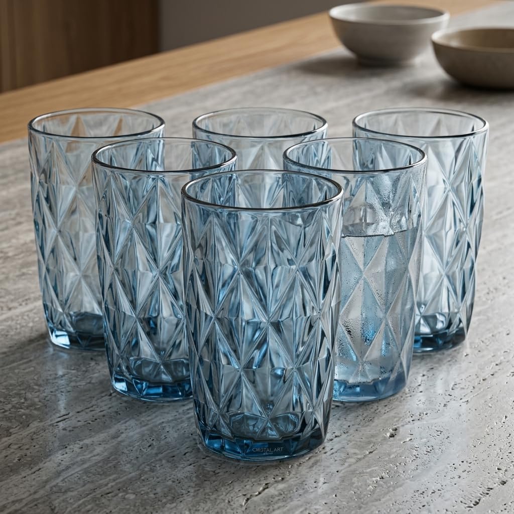 Deconox 6'lı Mavi Cam Bardak Seti - Vintage Kabartma Desenli Su, Meşrubat ve Kokteyl Bardağı Takımı (400 ml)