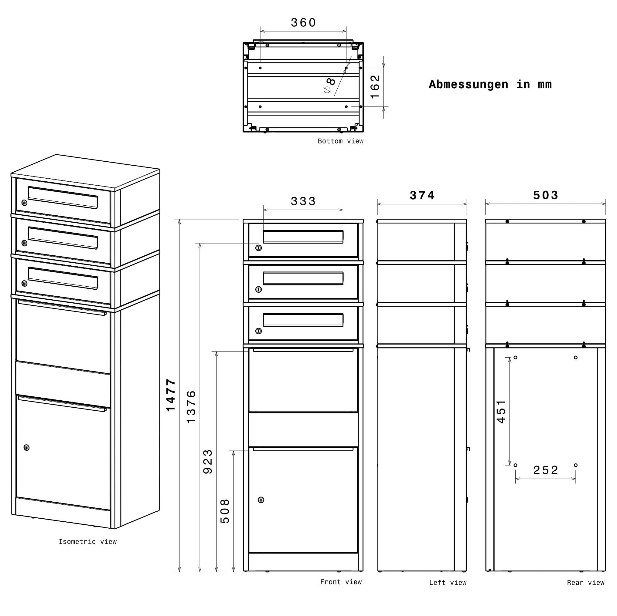 Metzler Paketbox mit 3 Briefkästen – 3er Briefkasten mit Paketfach & austauschbarem Namensschild – Paketbriefkasten draussen XXL – Standbreifkasten - Postbox in RAL7016 Anthrazitgrau - Bispo RE