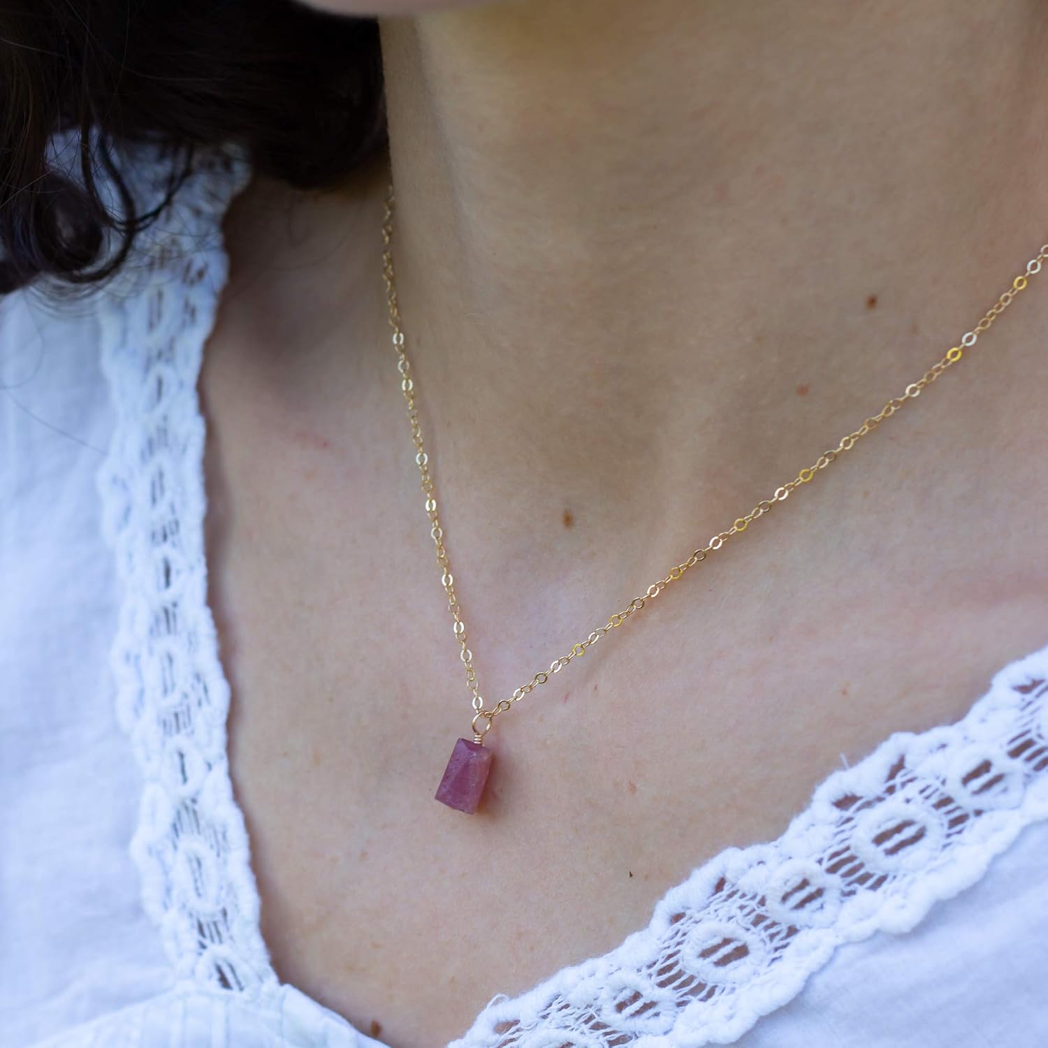 Ruby Raw Crystal Pendant Necklace in 14k Gold Fill