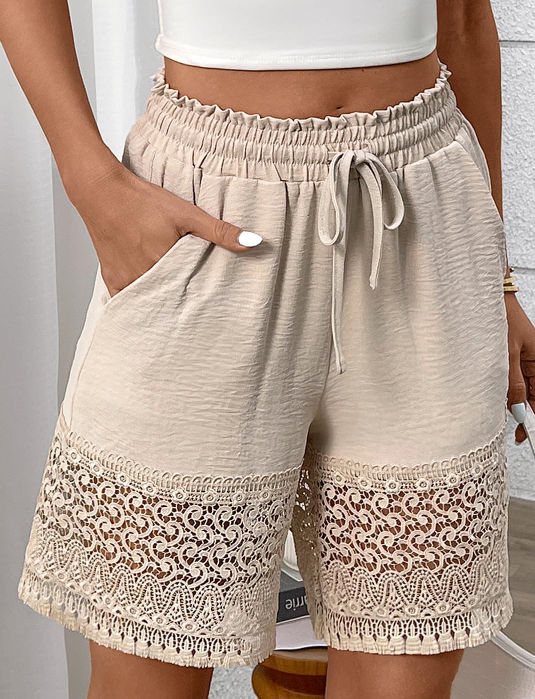 CORSKI Women's Casual Elastic Waist Lounge Shorts Lace Trim Drawstring Summer Beach Shorts with Pockets - Image 3