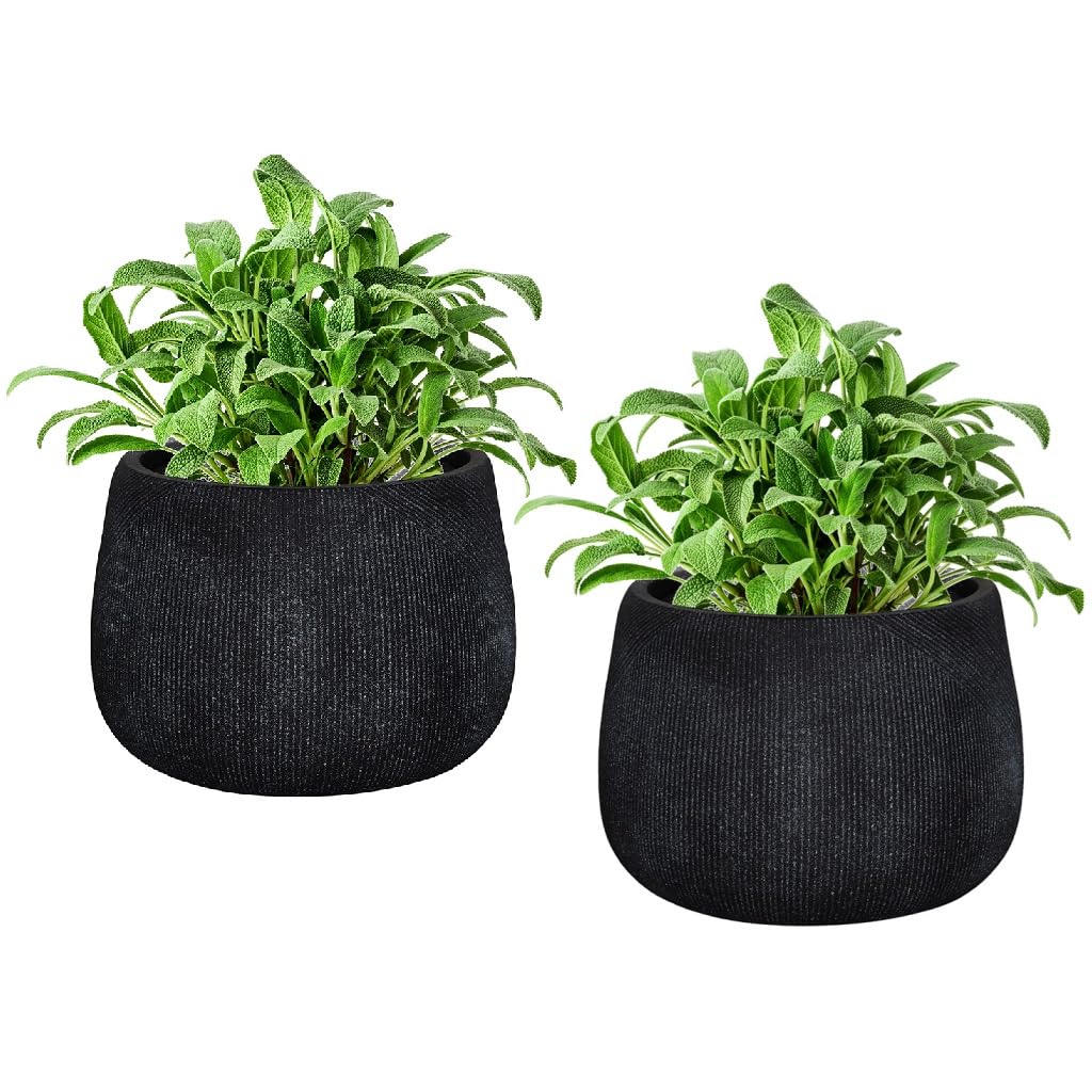 Dibor Fibre Clay Plant Pots Set of 2 Outdoor 29cm Modern Rippled Finish Flower Pot Planters Patio Doorstep Porch Tree Shrub Topiary Bush Entryway Plant Pot Clay Planters (Black, Small 8.5L) — image 1