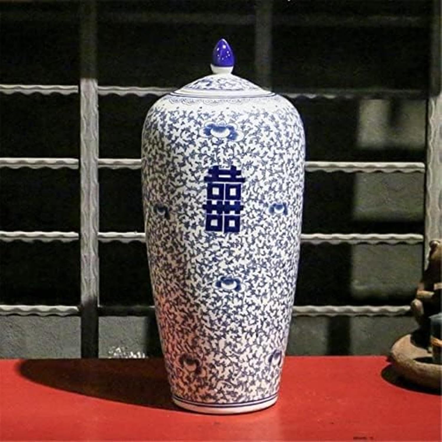 Ceramic Jars,Tea Jar,Chinese Style Storage Jars,Ginger Jars Blue and White Porcelain Ginger Jar Vase Double Happiness Decorative Jars with Lids Home Decor Ceramic Jar Temple Jar (Size : Height 19.7in