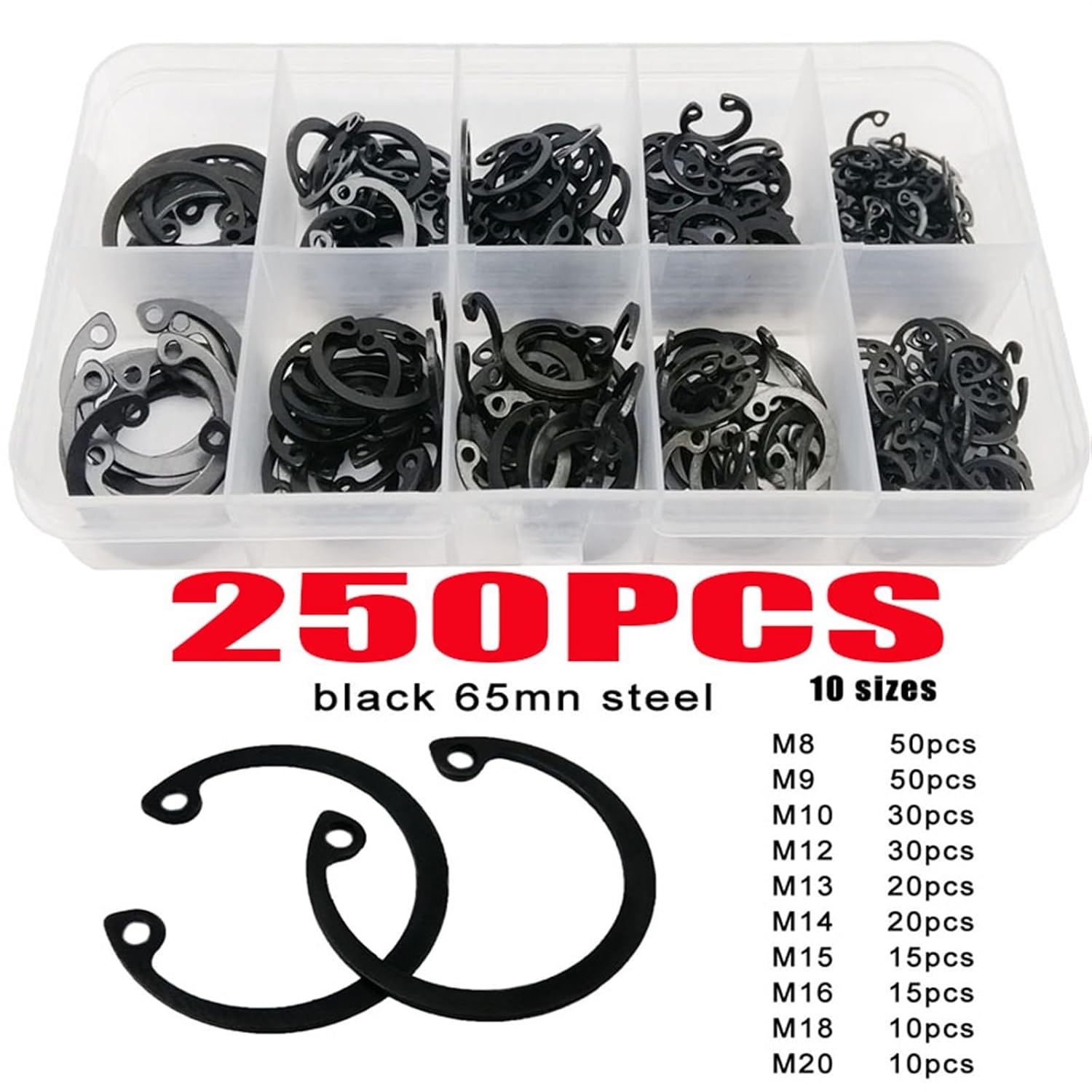 1000/535/250pcs M8-M24 304 Stainless Steel Black Steel C Type Internal Circlip Retaining Clip Snap Ring for Hole Assortment Set(1000PCS)