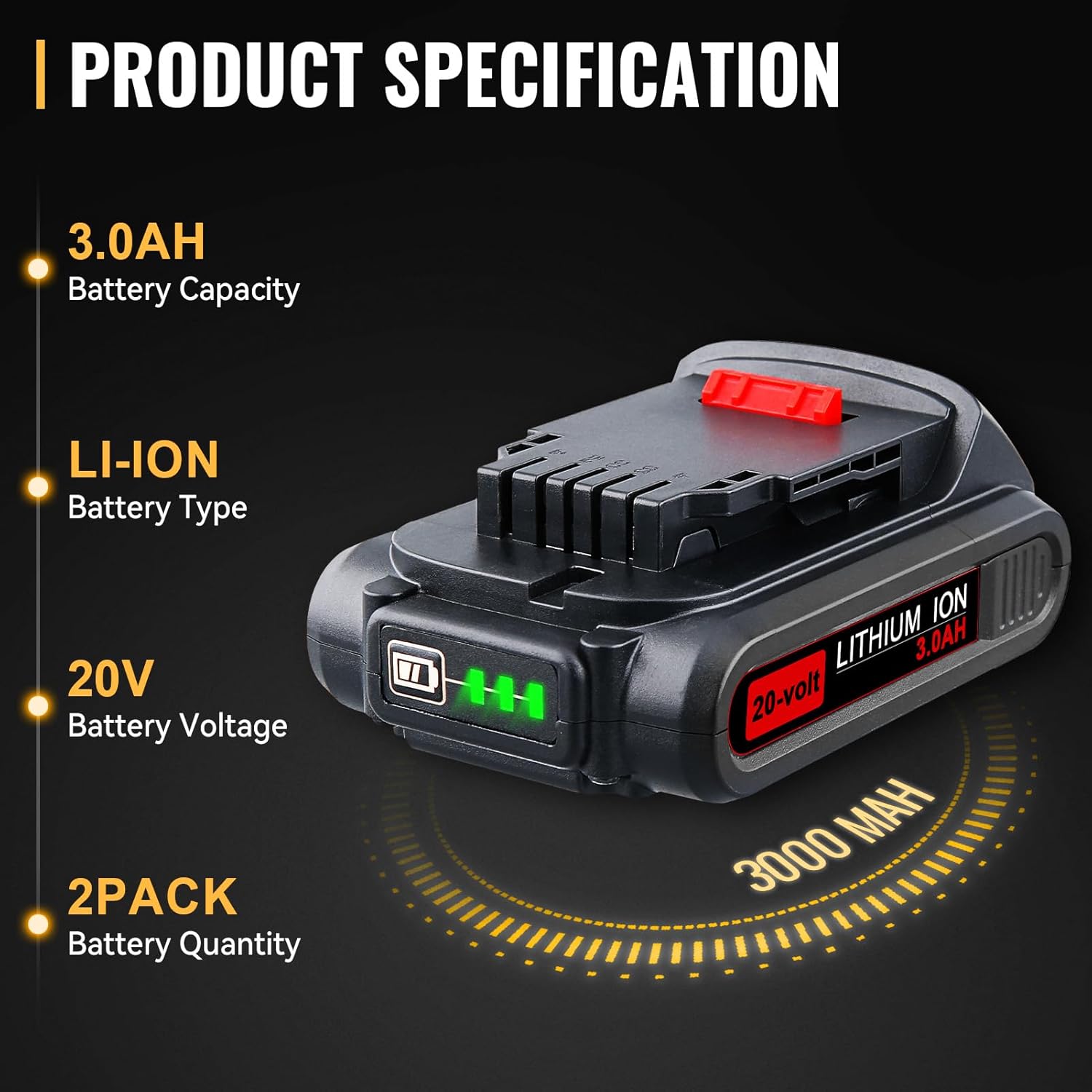 2Pack DCB201 3.0Ah Replacement for Dewalt 20V Battery Compatible with Dewalt Battery 20V DCB200 DCB204 DCB206 DCD/DCF/DCG Series Cordless Power Tools