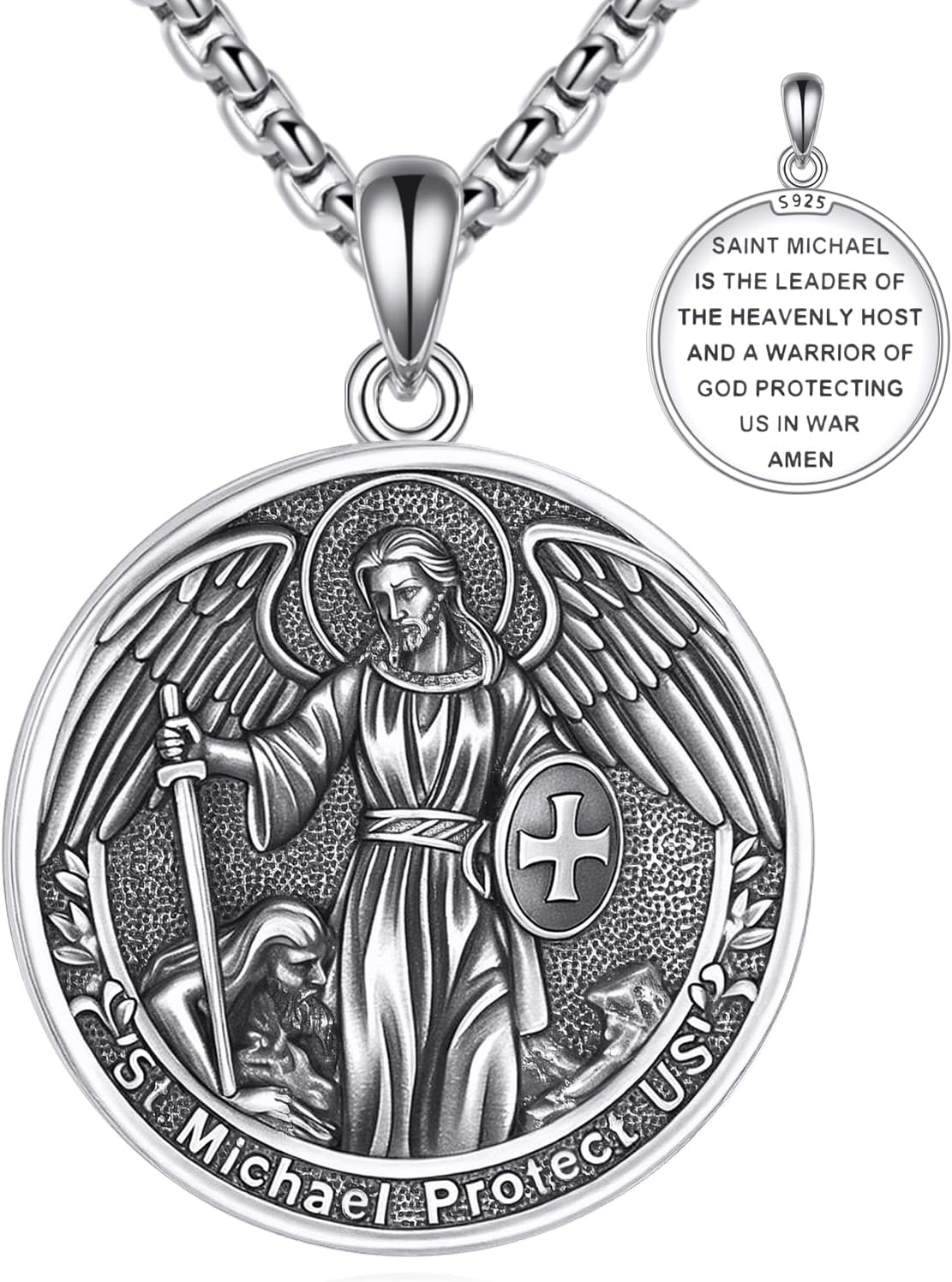 Patron Saint Necklace 925 Sterling Silver Round Protection Pendant Amulet Medal with 22+2 Inches Chain Jewelry Gift for Men and Women (with Gift Box)