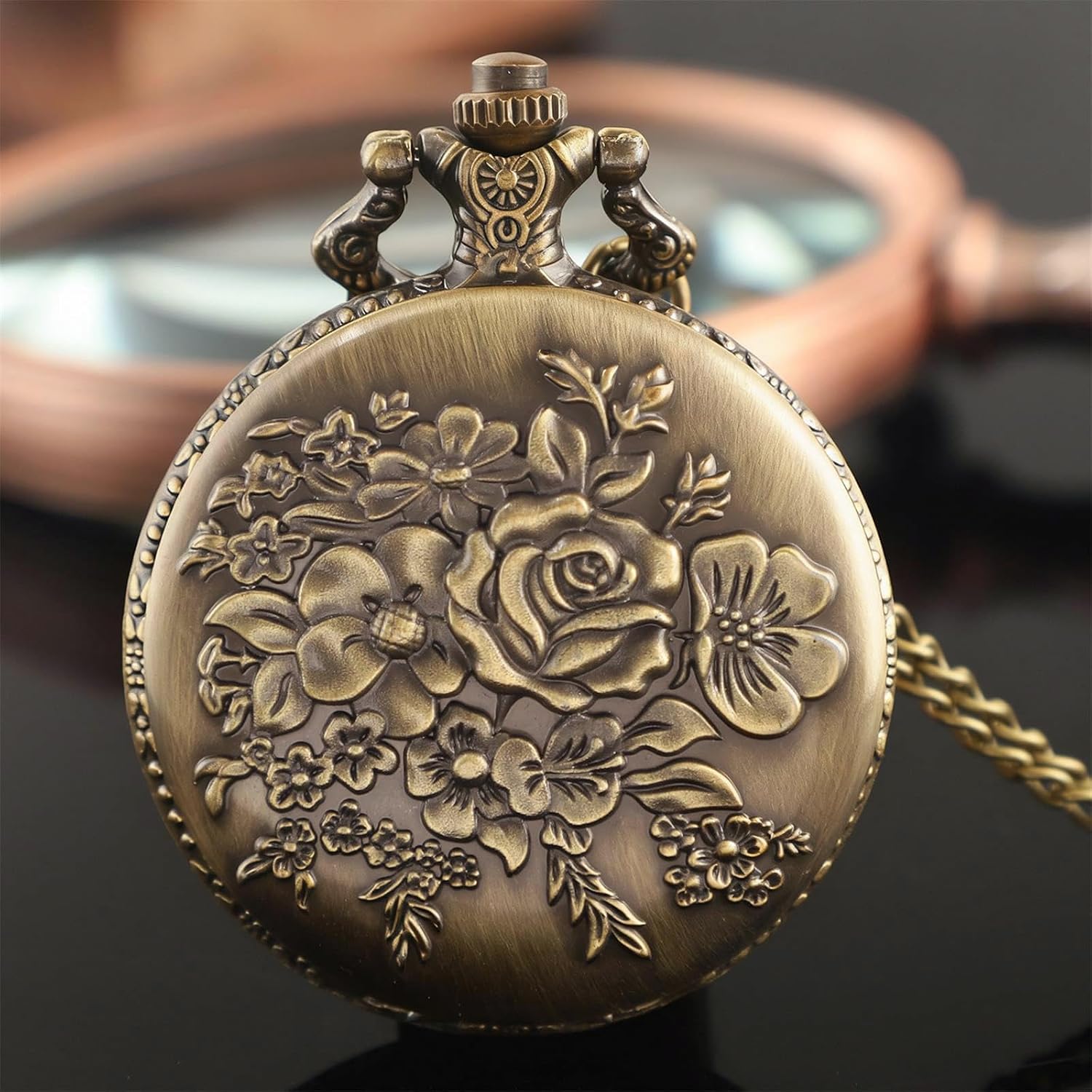 Tiong Pocket Watch Flower 3D Pattern Vintage Quartz Pocket Watches with Chain Christmas, Graduation, Birthday Gifts Mother's Day