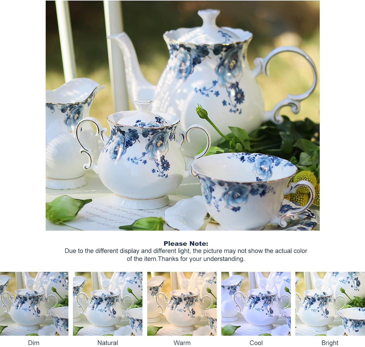 Bone China Tea Set for Adults, 13-Piece Blue and White Porcelain Tea Set for 4, Vintage Floral Tea Set With Teapot and Teaspoons, Tea Party Sets for Women Gift (Blue)