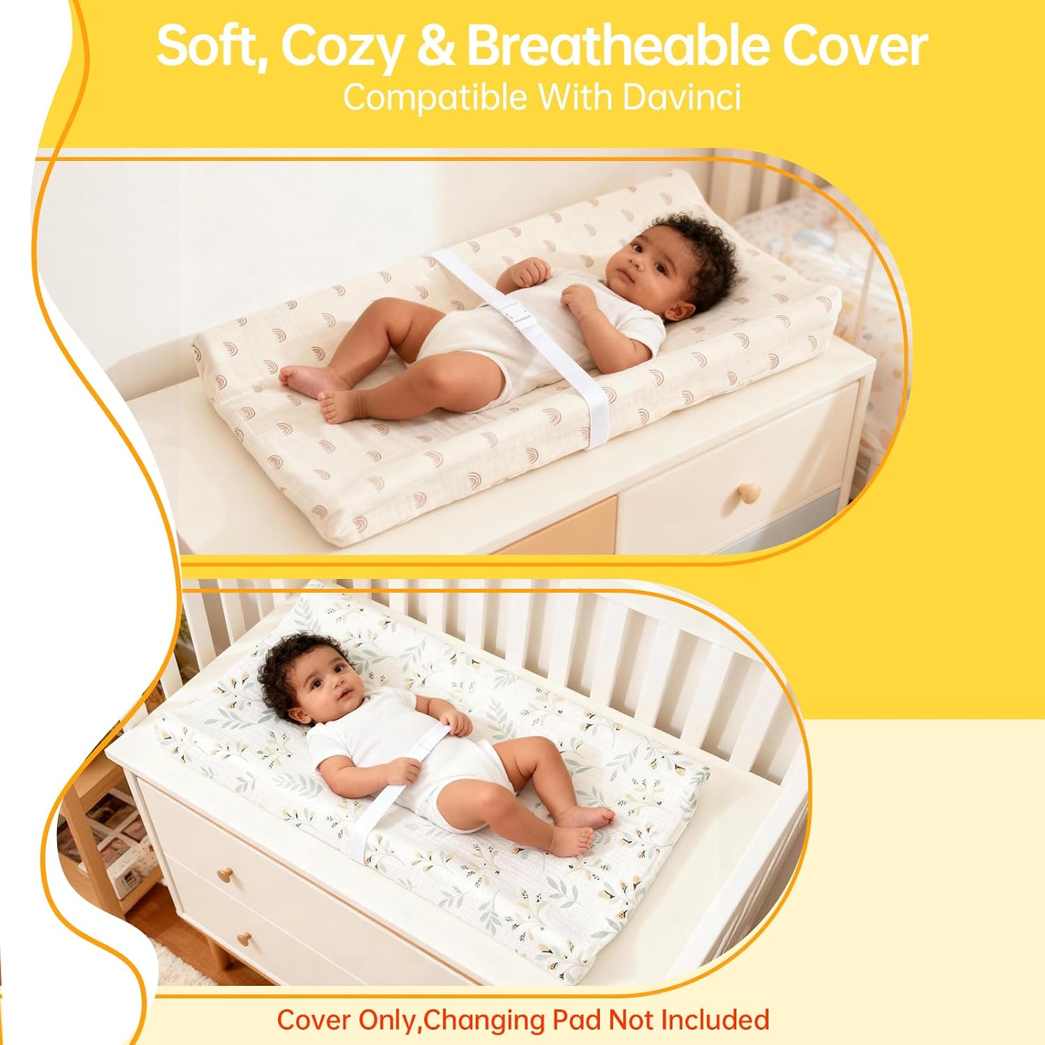 Changing Table Pad Cover Compatible with Davinci, Soft Breathable Muslin Changing Pad Cover for Baby Girls Boys, Nursery Changing Pad Covers Washable Diaper Changing Pad Cover, 2 Pack