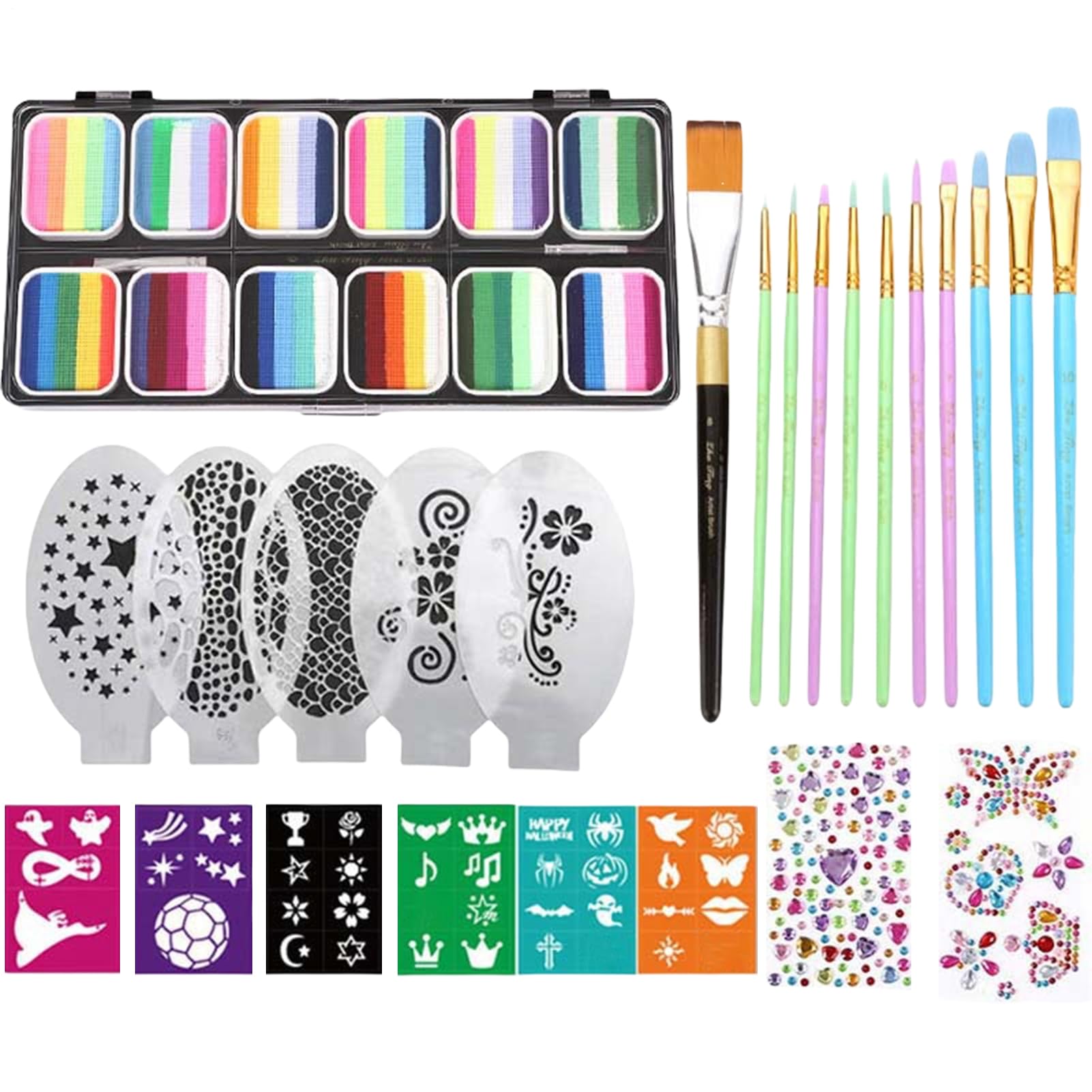 Kit Per Trucco Viso Set Con Stencil Per Pittura Facciale | 12 Griglie Colori Vivaci Cosmetici Con Pennelli Stencil Per Bambini Ragazzi
