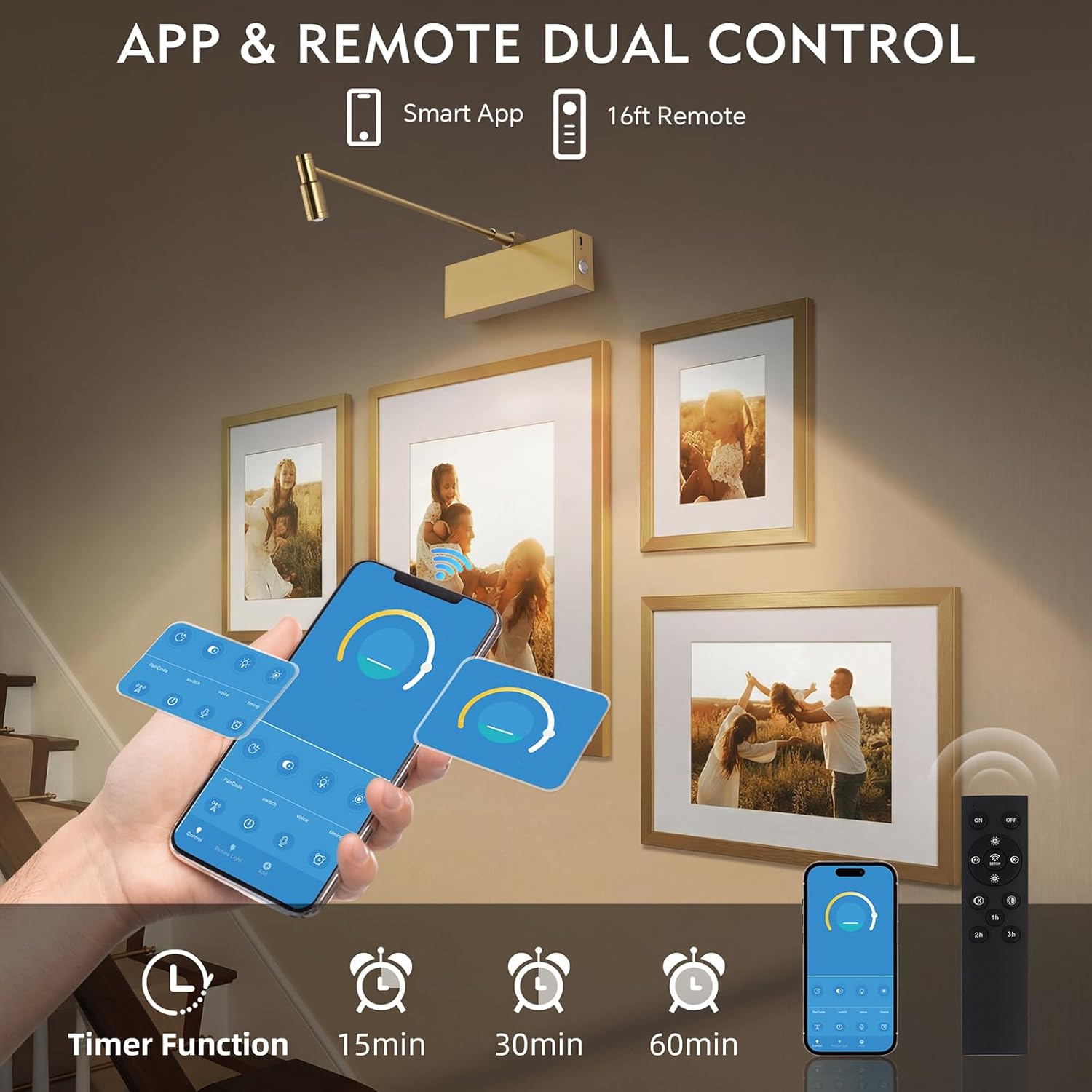 Wireless Picture Light for Wall with Adjustable LED Beam, 8000mAh Rechargeable Art Light with Remote, Dimmable and Zoomable Spotlight for Gallery, Living Room, Hallway (Gold)