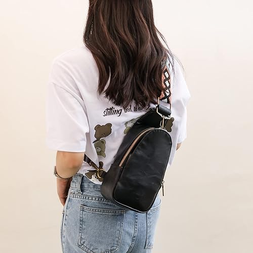 Vista 6 de Bolso de pecho para mujer, bolso bandolera pequeño de piel sintética, mochila de hombro para viajes de senderismo (negro puro)