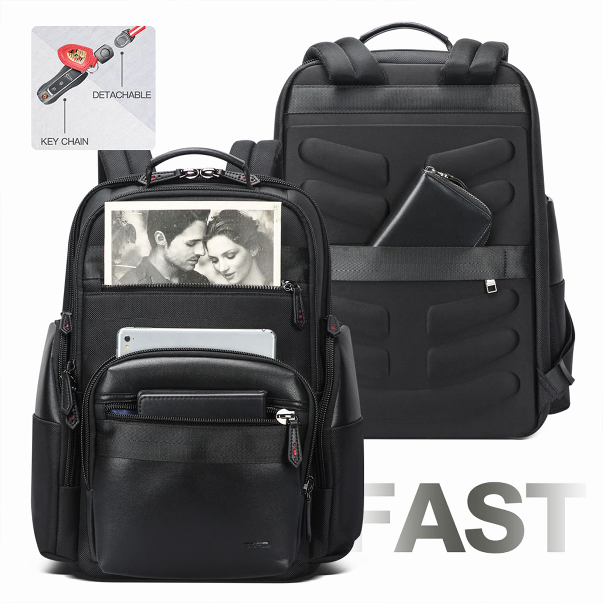 Mochila de viaje de 30L para hombre, mochila de negocios para laptop de 15.6 pulgadas con carga USB, mochila resistente al agua, color negro 5