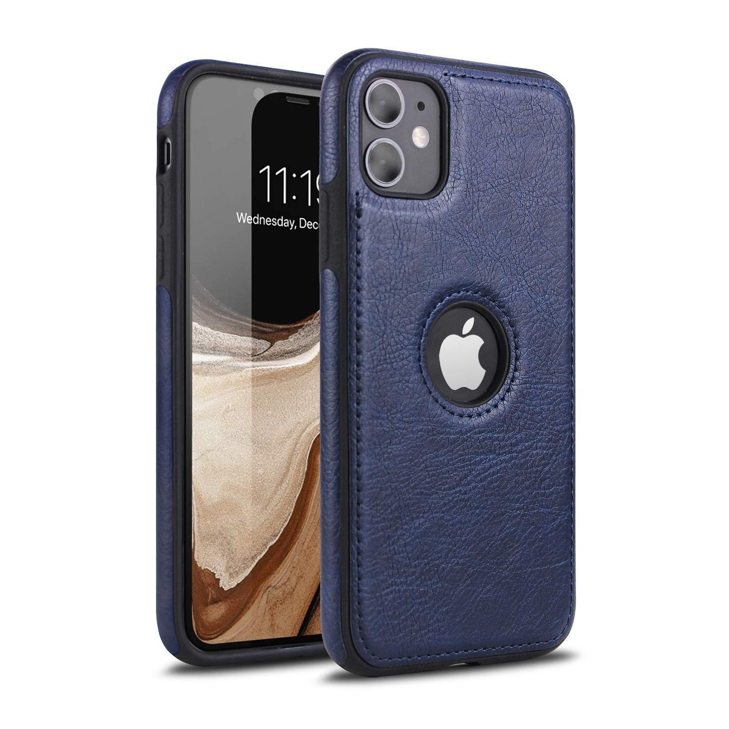 TOPSEM Retro Leather Case for iPhone 11 Anti-Knock Back Cover Soft TPU Business Shell Phone Case (Blue, for iPhone 11)