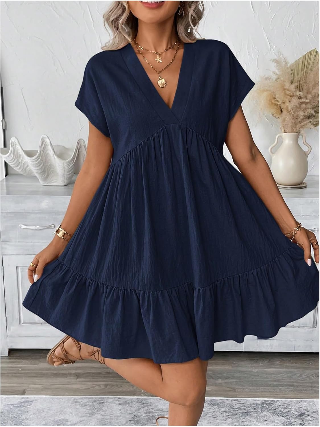 SOLY HUX Women's Summer Dress V Neck Short Sleeve Ruffle Hem Babydoll Flowy Loose Short Dresses Sundress Plain Blue Large - Image 4