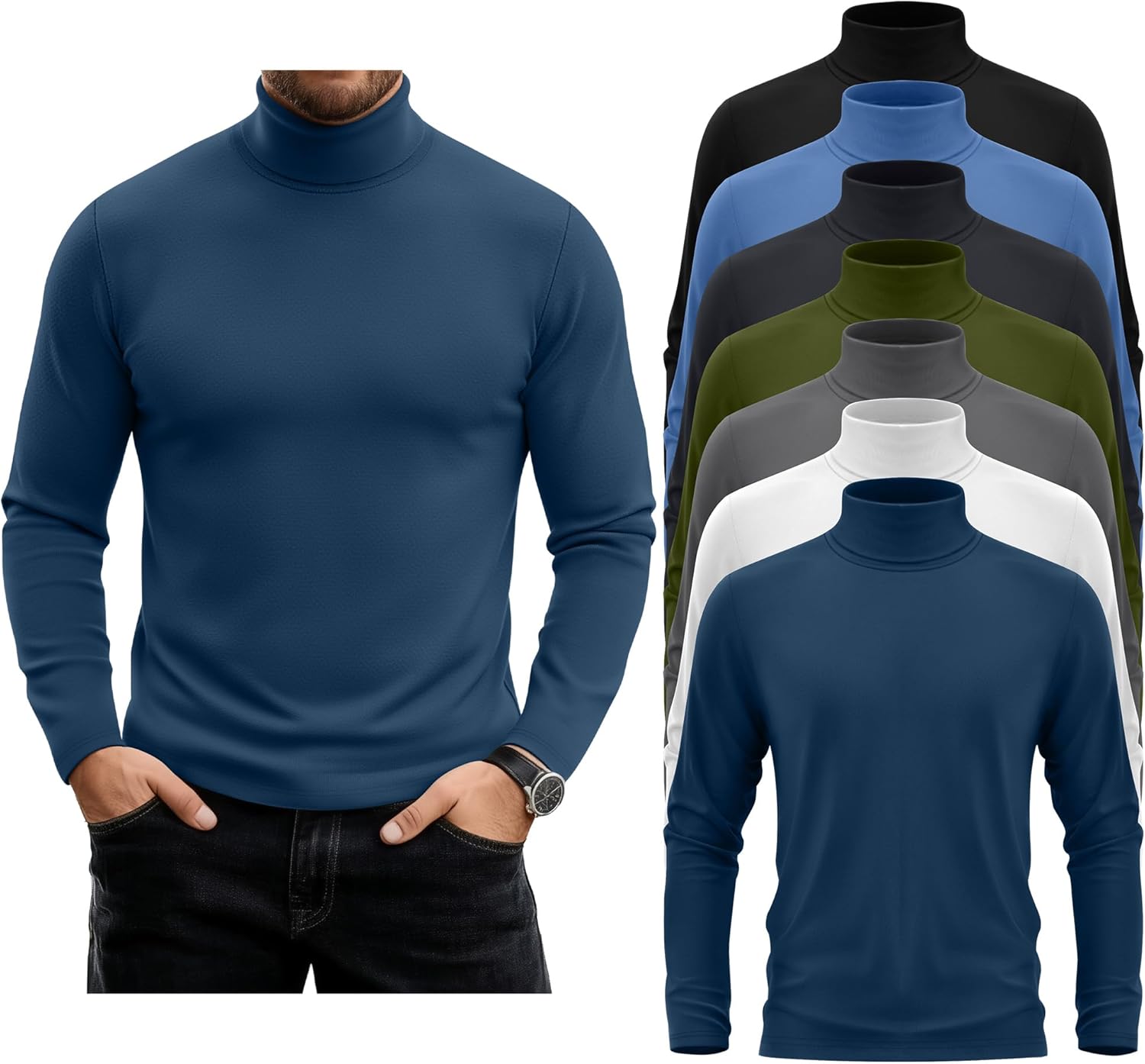 7 Pack Men's Turtleneck Tops, Long Sleeve Basic Pullover Sweaters Casual Slim Fit Lightweight Tees