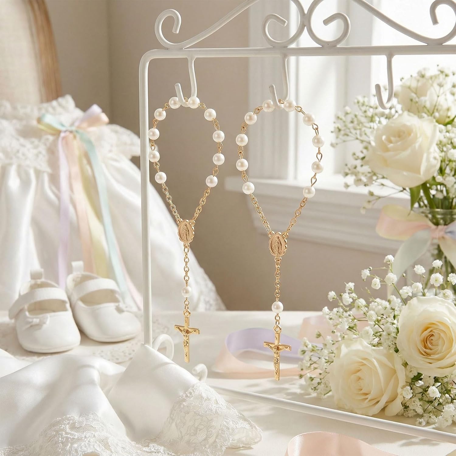 Blulu 24 Pack Baptism Favors Set Includes Mini Rosary Favors Acrylic Rosary Beads Faux Pearls with Cross Psalm Cards and God Bless Organza Bags for Christening Baby Shower First Communion Gifts