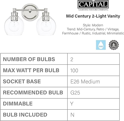 Miniatura 4 de Capital Lighting 121121PN-426 Mid-Century - Soporte de pared para tocador de baño, vidrio transparente, 2 luces, 200 vatios totales, 10 pulgadas de