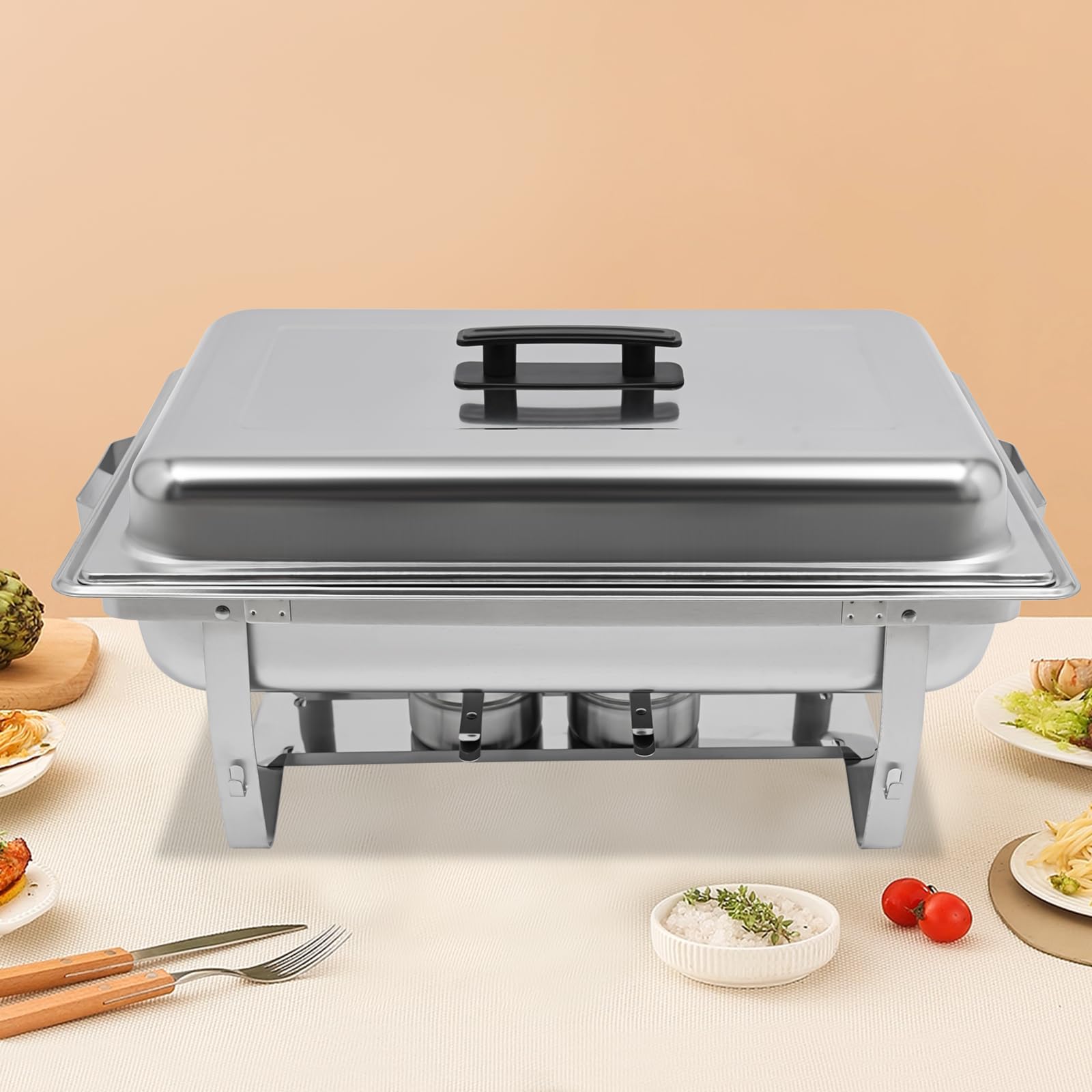 Edelstahl Chafing Dish Set, Warmhaltebehälter Rechteck Speisewärmer, Wärmebehälter mit Griffe und Deckel, für Buffet Catering, Partys, Bankett, Silber, 60 x 34.5 x 30 cm (Einziges Fach (7L))