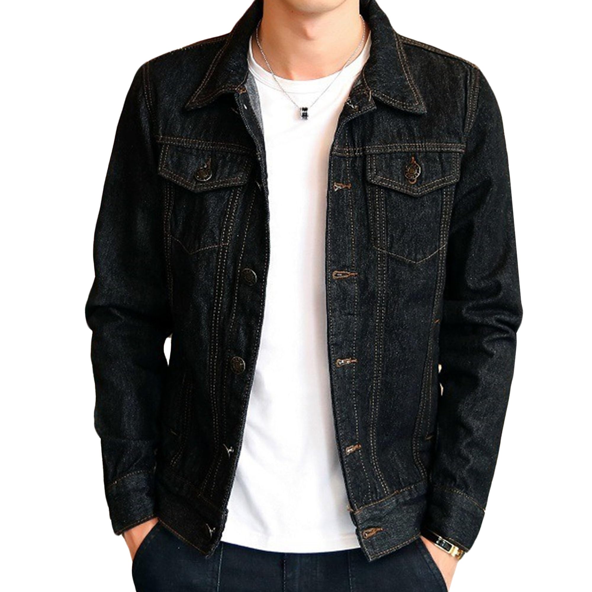 Giacca di jeans classica da uomo con bottoni e risvolti casual da | Giacca da camionista in denim tinta unita standard, vestibilità aderente, giacca jeans basic casual slim fit per uomo